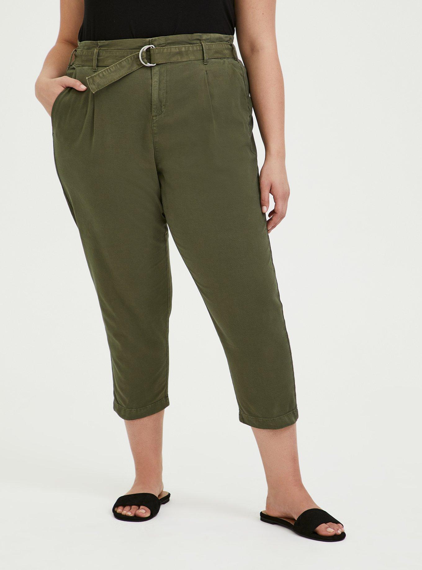 Olive Green Canvas Belted Crop Pant, FALCON, hi-res
