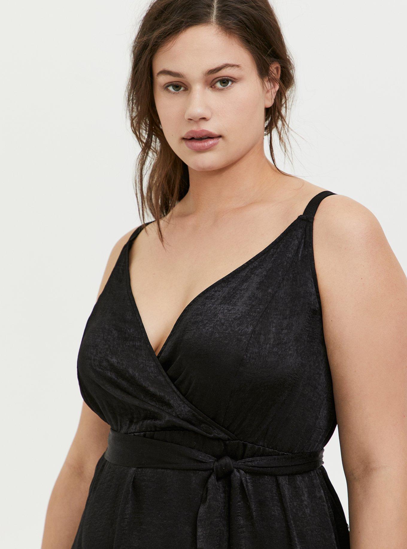 Plus Size Black Textured Charmeuse Midi Wrap Dress, DEEP BLACK, alternate