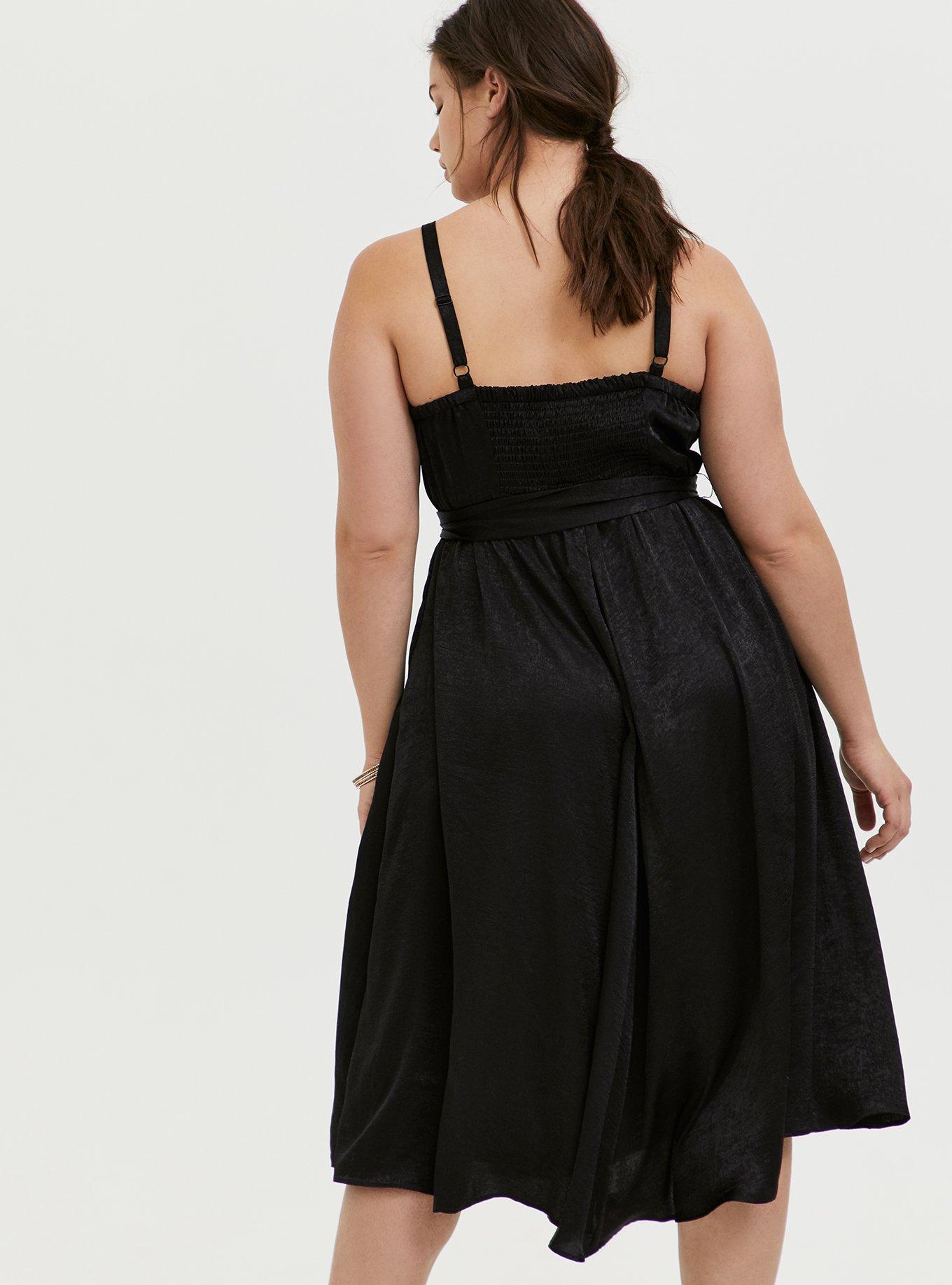 Plus Size Black Textured Charmeuse Midi Wrap Dress, DEEP BLACK, alternate
