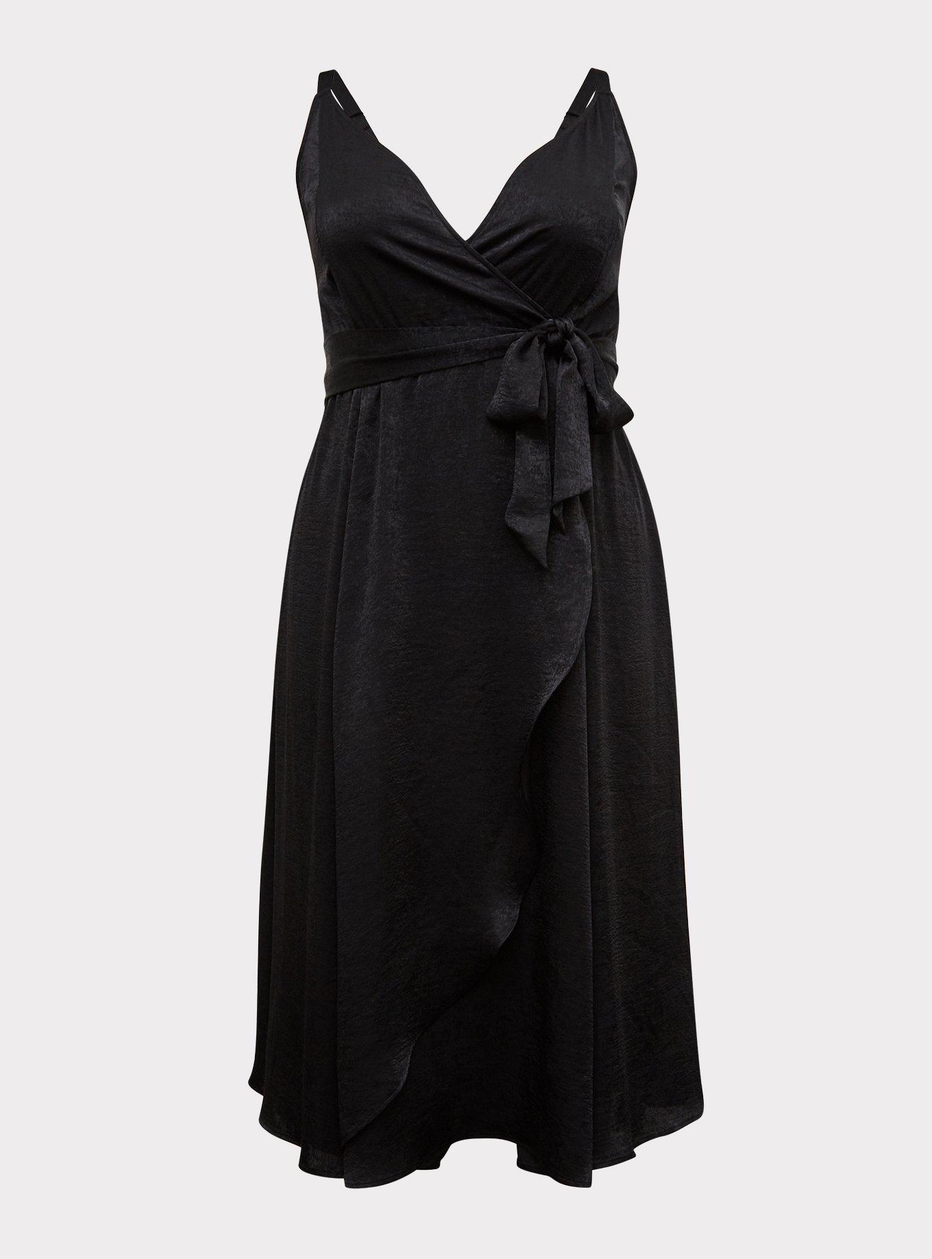 Plus Size Black Textured Charmeuse Midi Wrap Dress, DEEP BLACK, hi-res