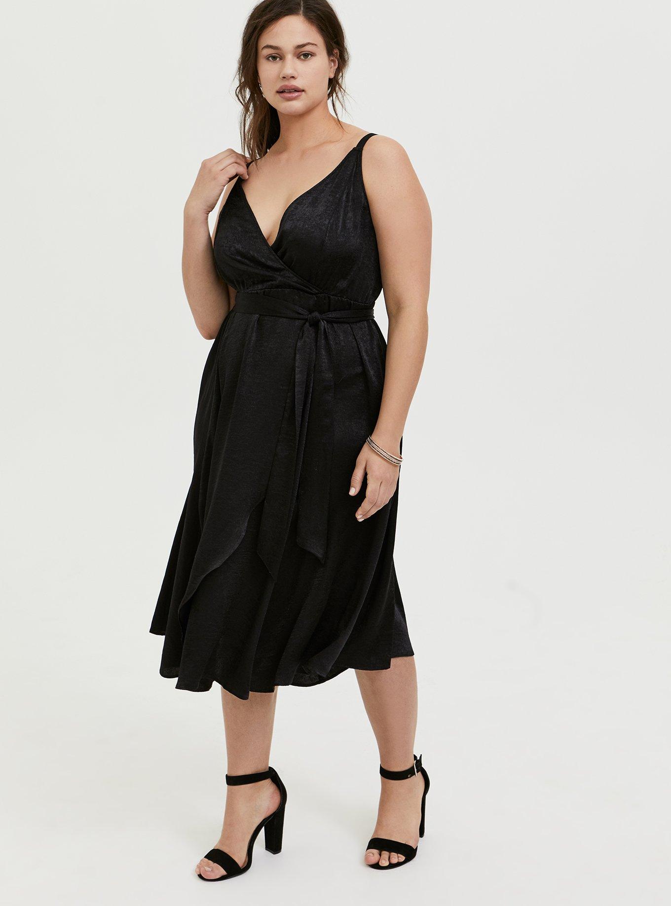 Plus Size Black Textured Charmeuse Midi Wrap Dress, DEEP BLACK, hi-res