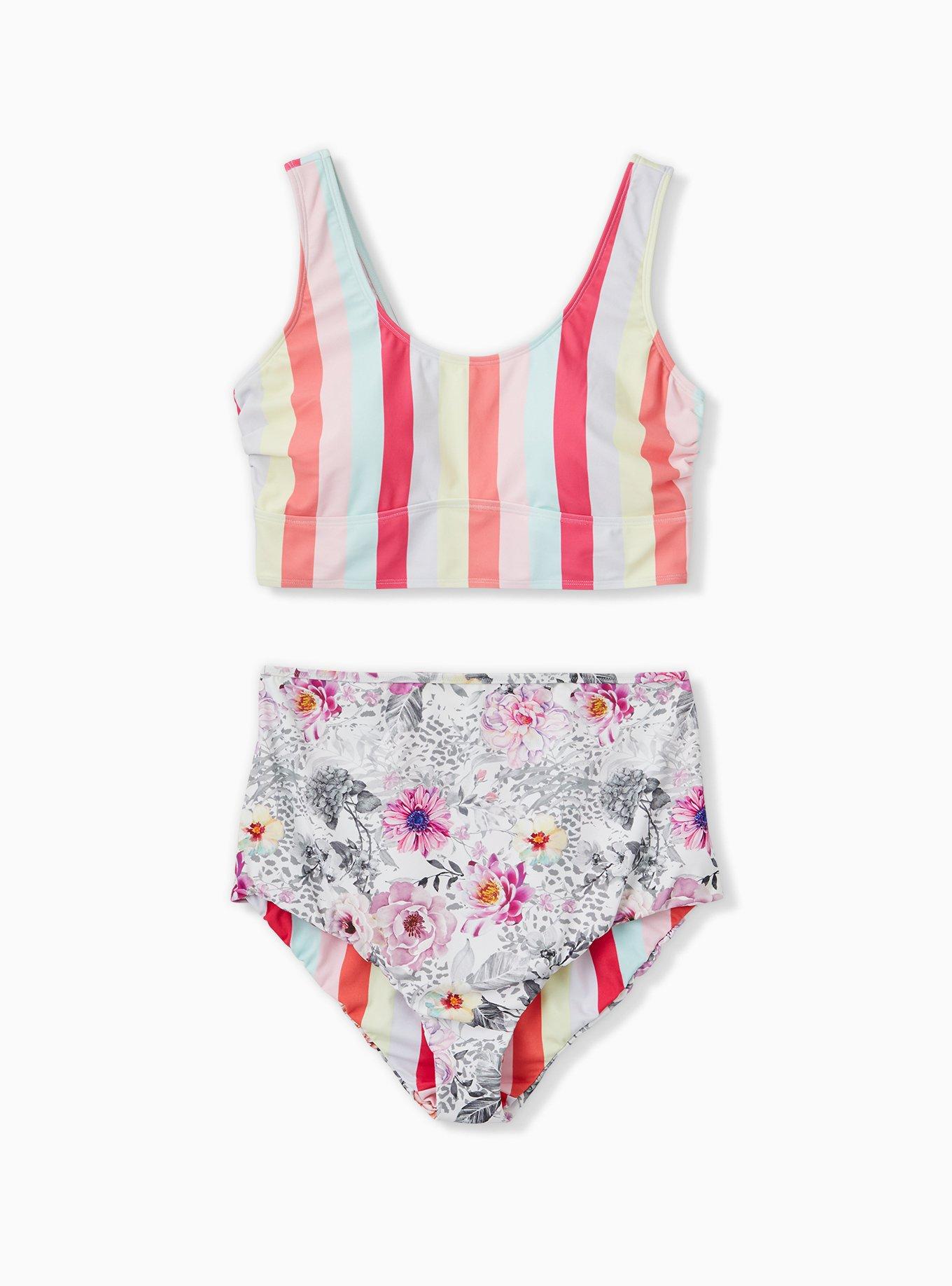 Plus Size Coral Stripe & White Floral Reversible High Waist Swim Bottom, FLORAL STRIPE, alternate
