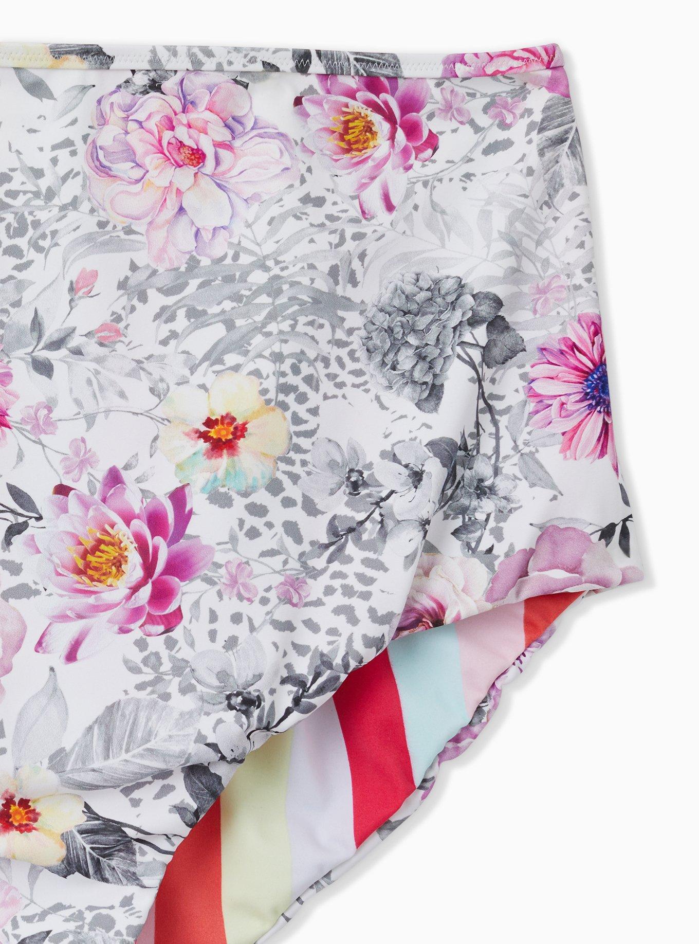 Plus Size Coral Stripe & White Floral Reversible High Waist Swim Bottom, FLORAL STRIPE, alternate
