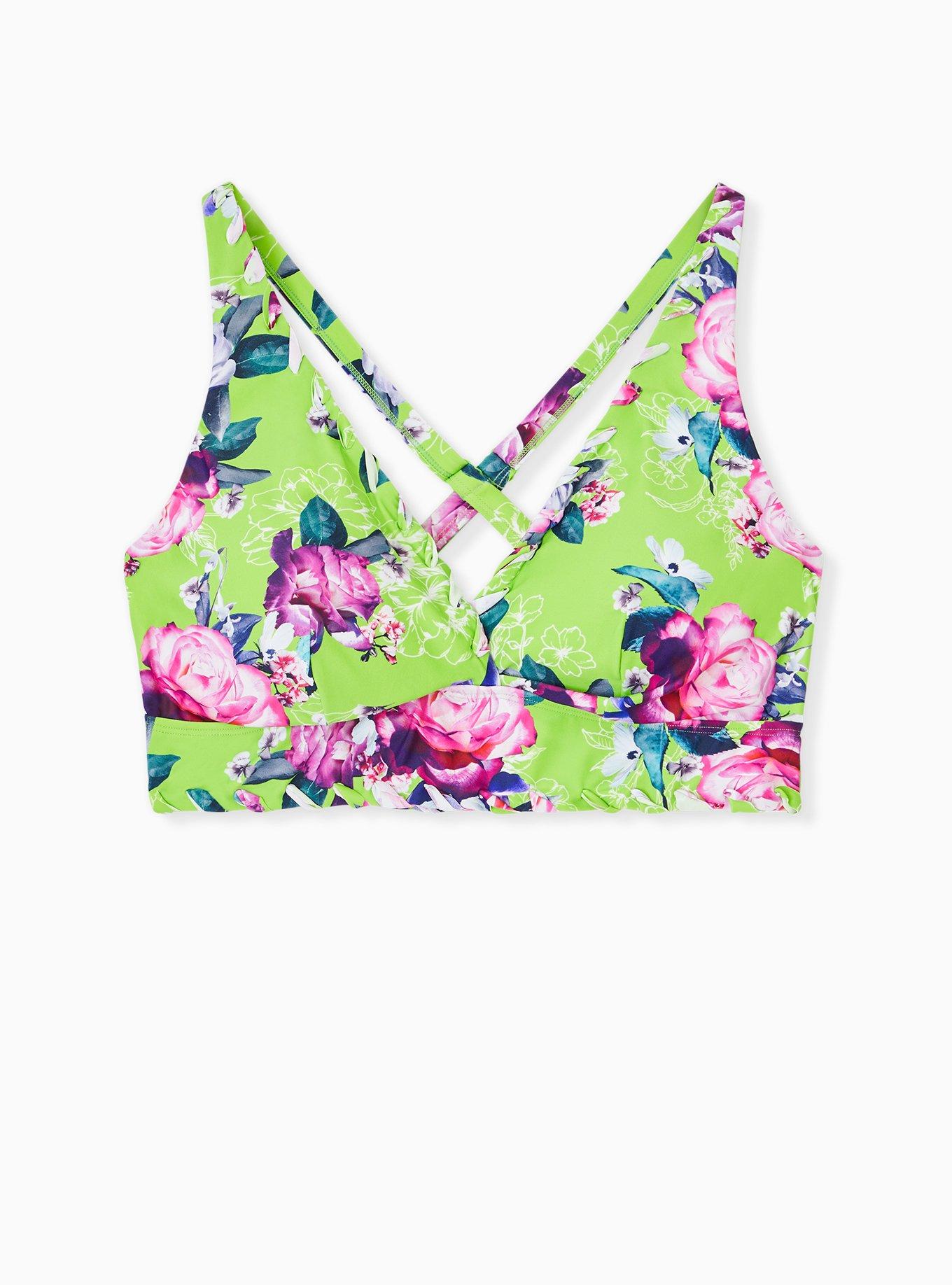 Plus Size - Neon Green Floral Wireless Triangle Bikini Top
