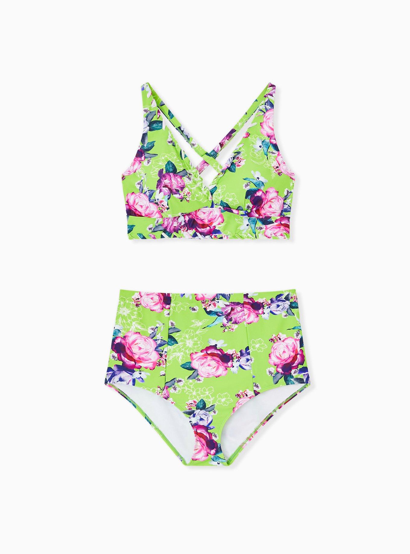 Neon Green Floral Wireless Triangle Bikini Top, GREEN FLORAL, alternate
