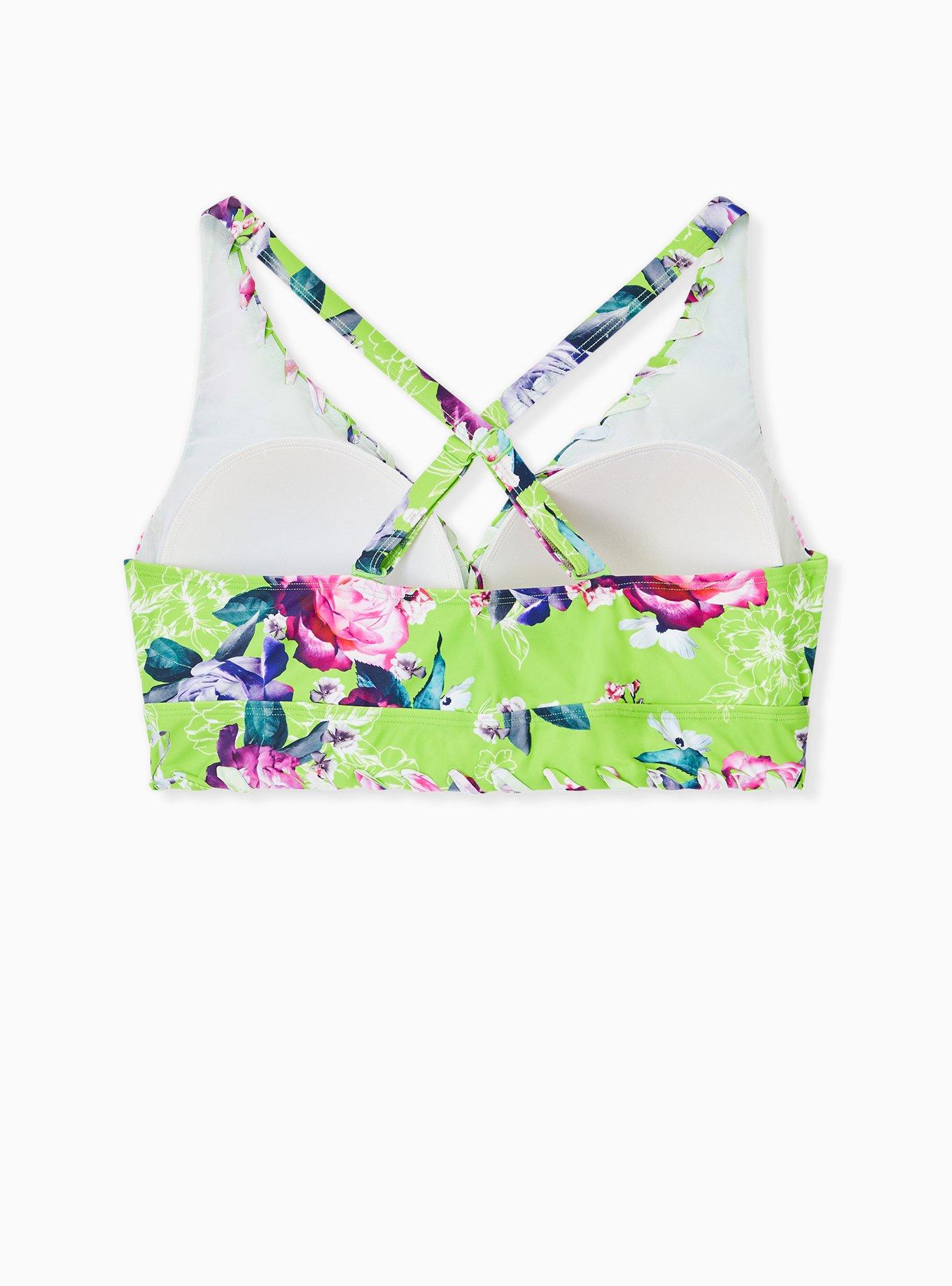 Neon Green Floral Wireless Triangle Bikini Top, GREEN FLORAL, alternate