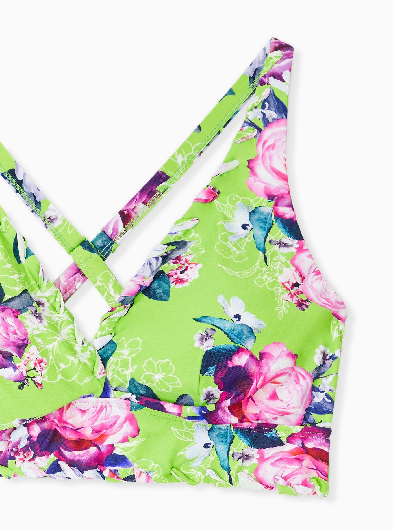 Neon Green Floral Wireless Triangle Bikini Top, GREEN FLORAL, alternate
