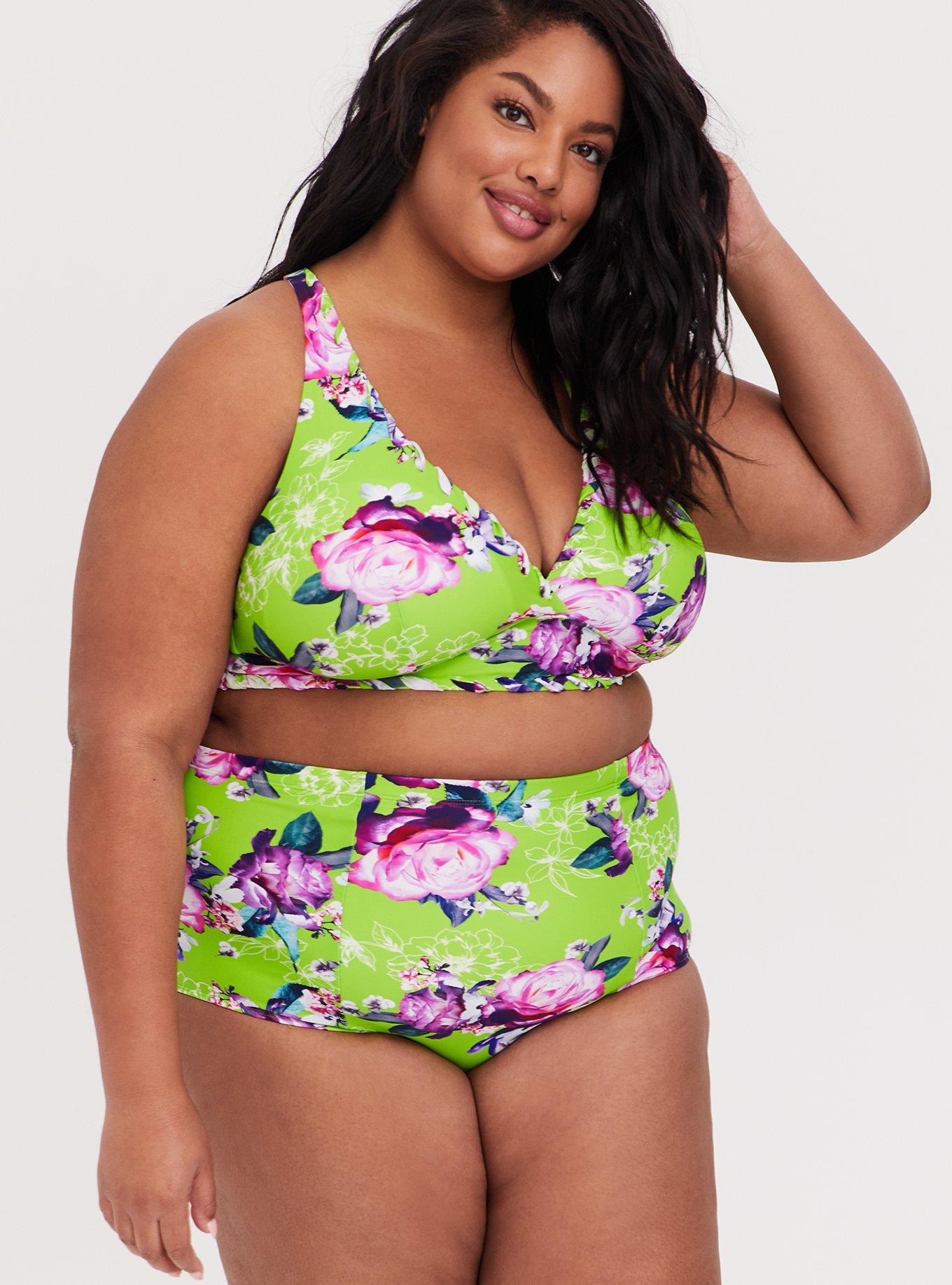 Plus Size - Neon Green Floral Wireless Triangle Bikini Top - Torrid