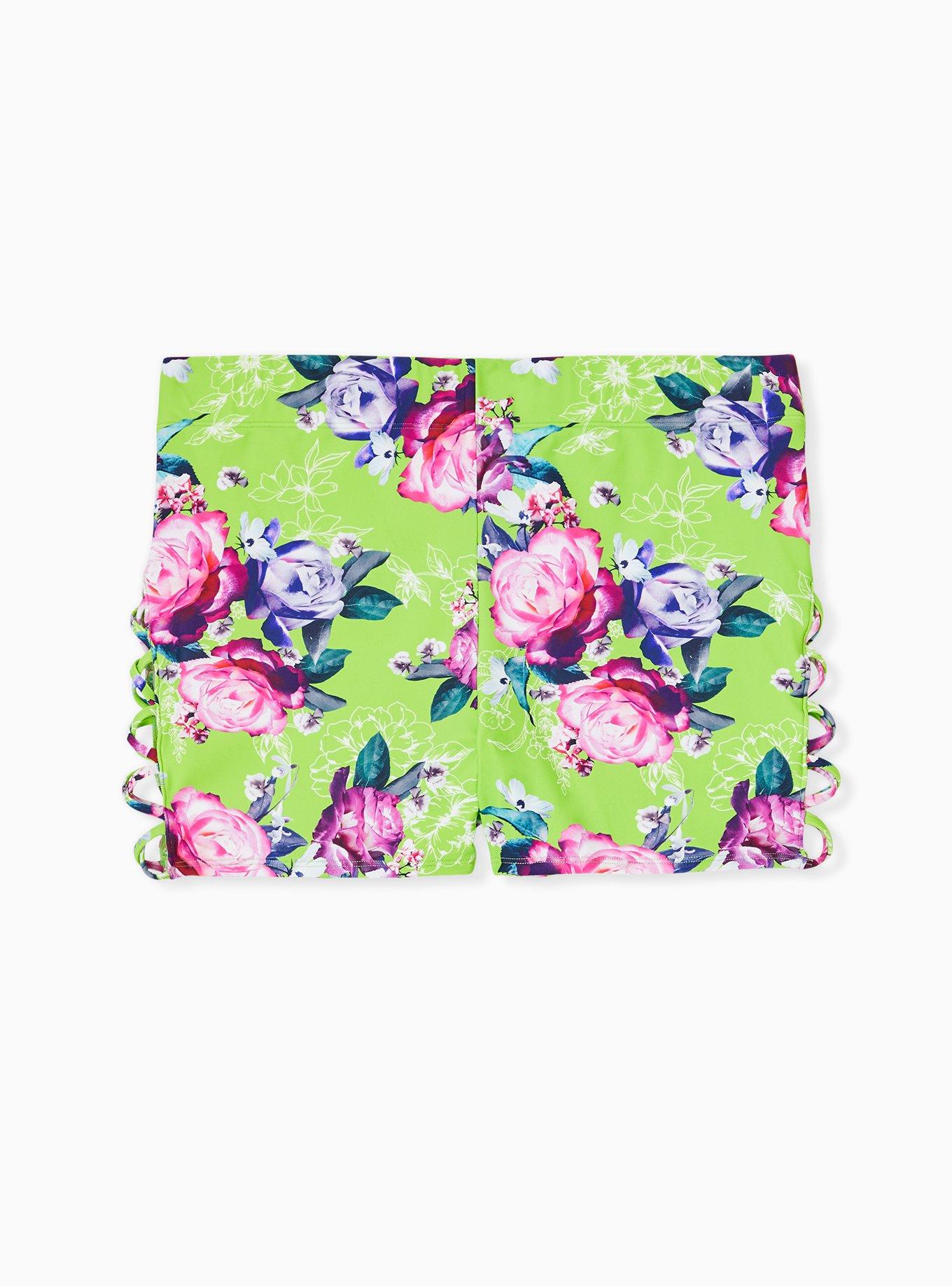 Neon Green Floral Lattice Side Swim Short, GREEN FLORAL, alternate