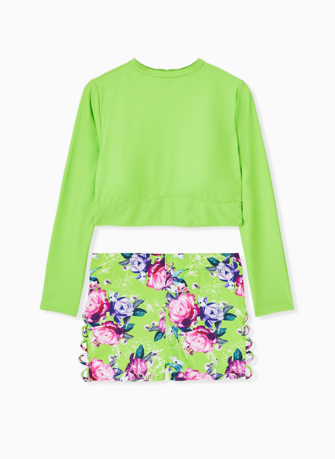 Neon Green Floral Lattice Side Swim Short, GREEN FLORAL, alternate