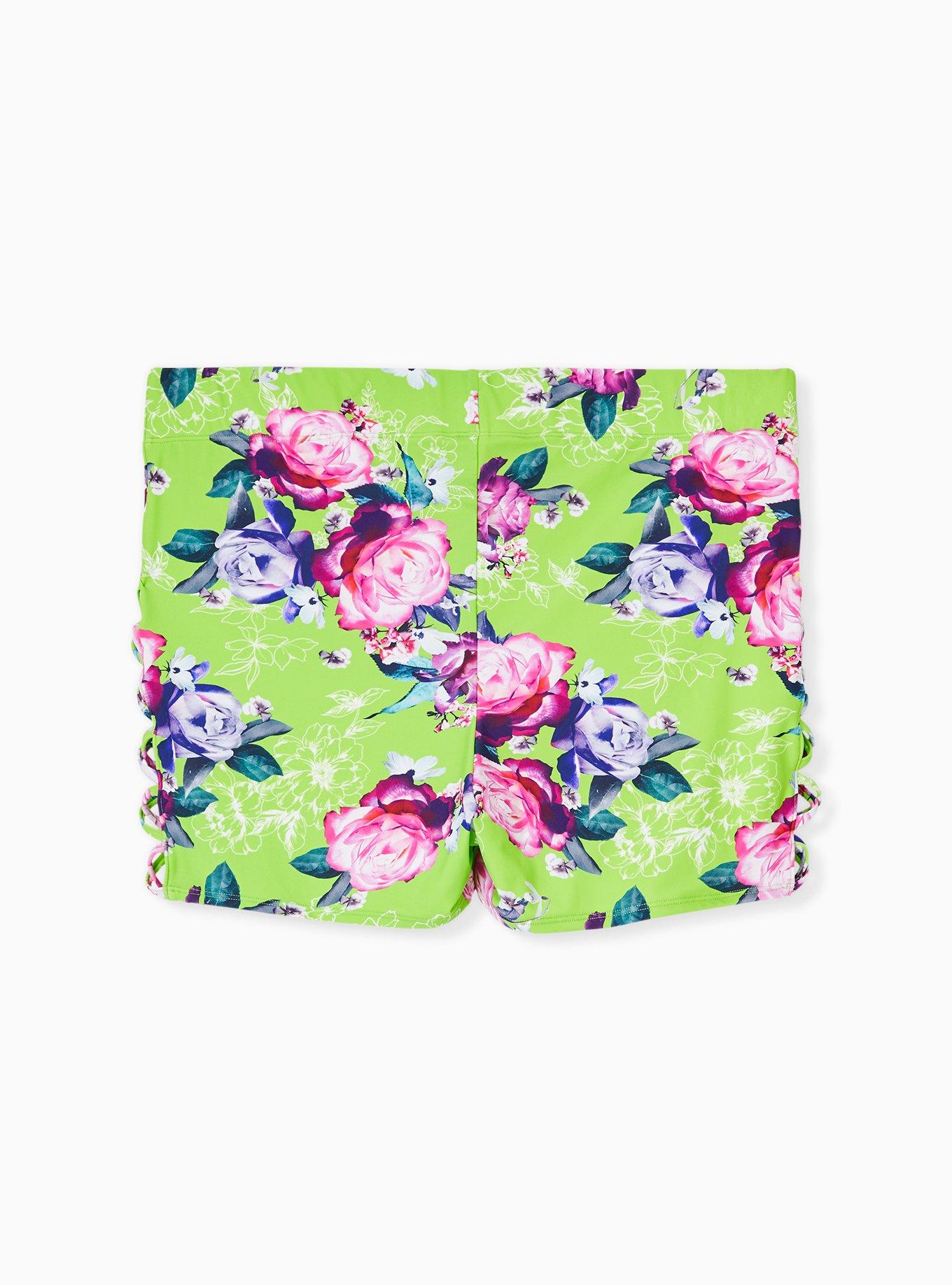 Neon Green Floral Lattice Side Swim Short, GREEN FLORAL, alternate