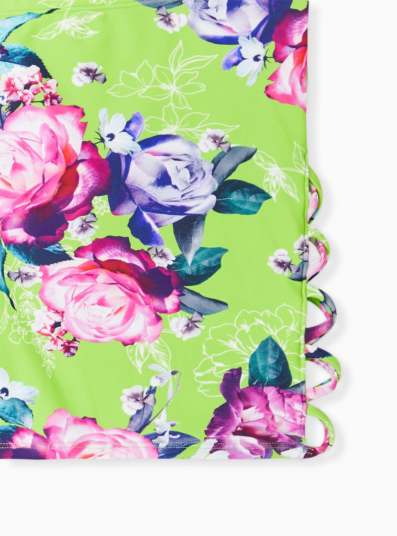 Neon Green Floral Lattice Side Swim Short, GREEN FLORAL, alternate