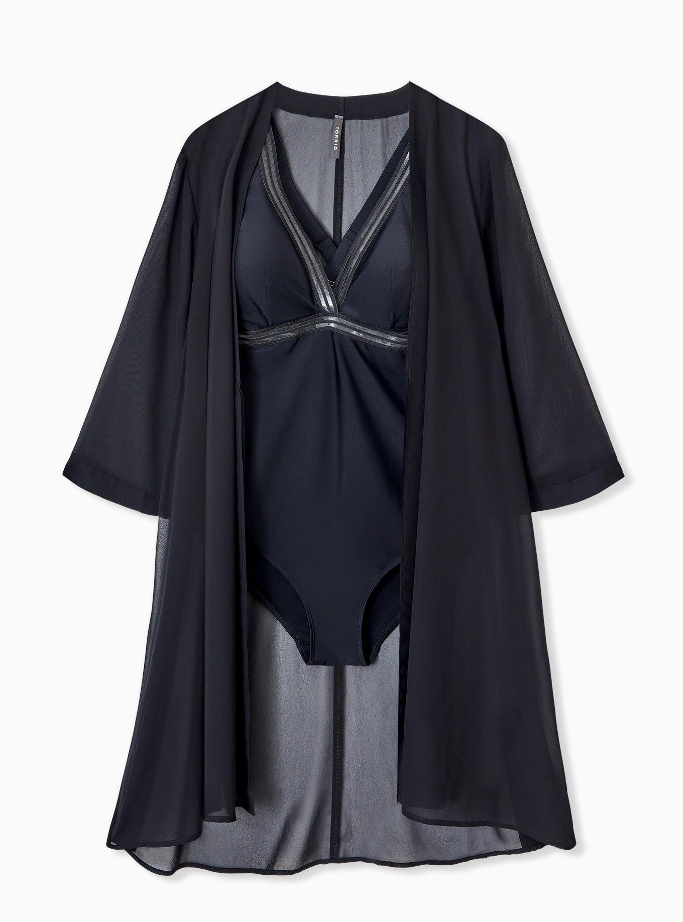Plus Size Mini Chiffon Coverup Kimono, DEEP BLACK, hi-res