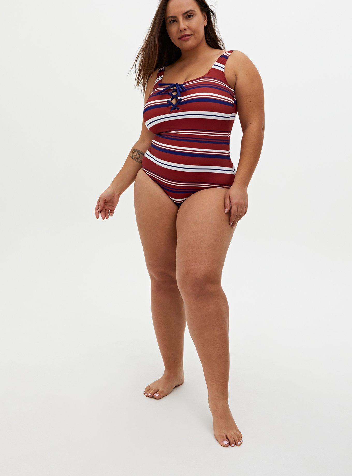 Plus Size Rust Red & Navy Stripe Wireless Lace-Up One-Piece Swimsuit, MULTI STRIPE, alternate
