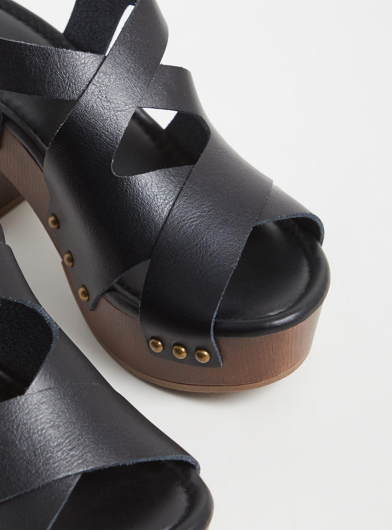 Plus Size - Black Faux Leather Faux Wooden Platform Heel (WW) - Torrid