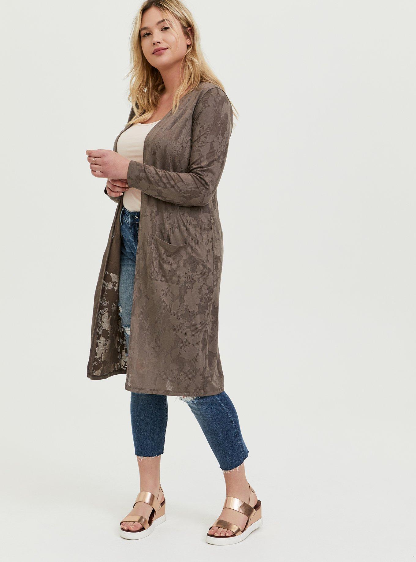 Plus Size Dark Taupe Floral Pointelle Longline Cardigan, FALCON, alternate