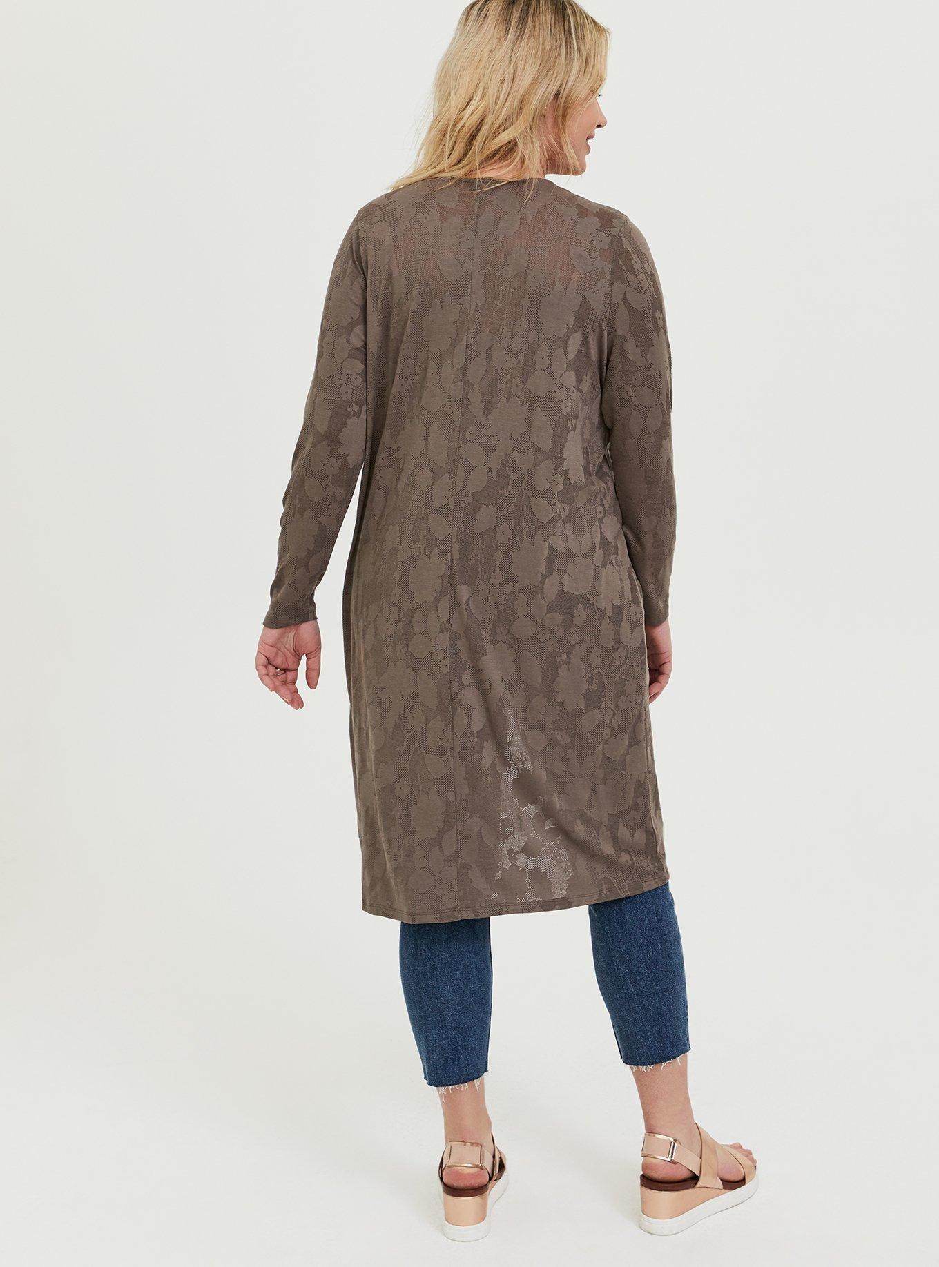 Plus Size Dark Taupe Floral Pointelle Longline Cardigan, FALCON, alternate