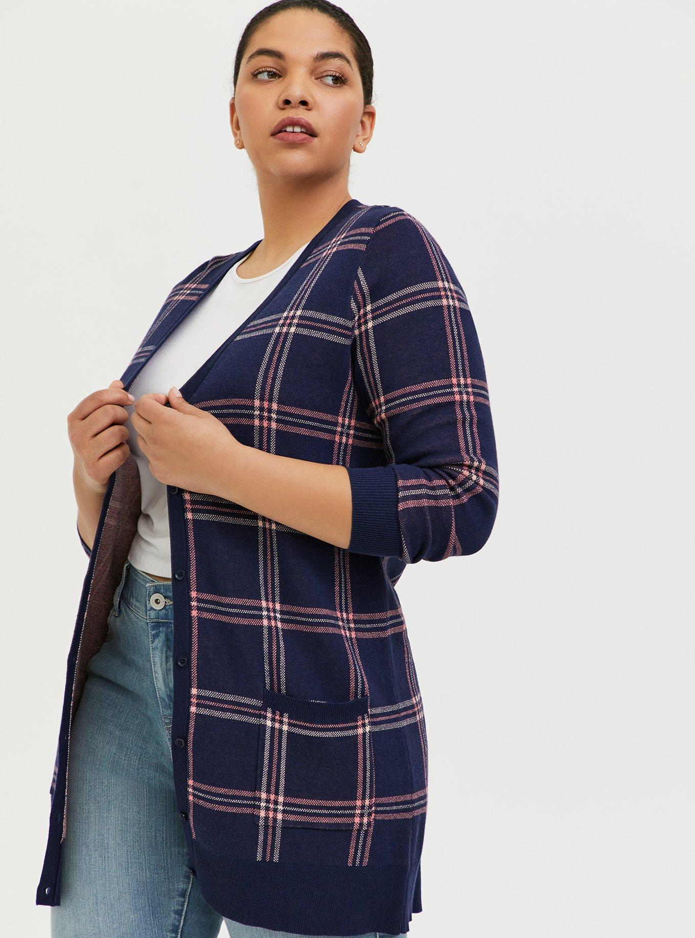 Plus Size - Navy & Pink Plaid Jacquard Cardigan - Torrid