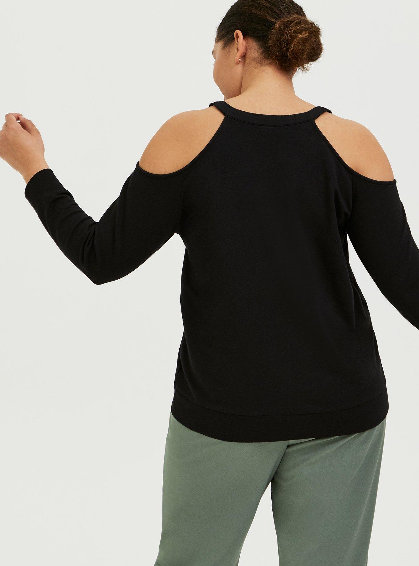 Plus Size Black Terry Cold Shoulder Sweatshirt, DEEP BLACK, alternate