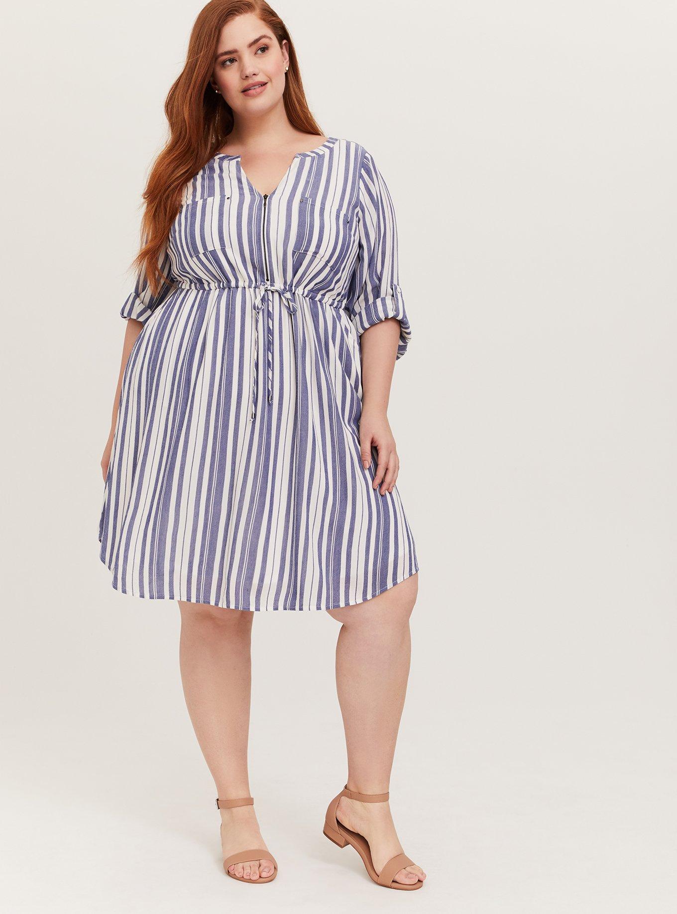 Plus Size - Blue & White Stripe Zip Front Drawstring Shirt Dress - Torrid