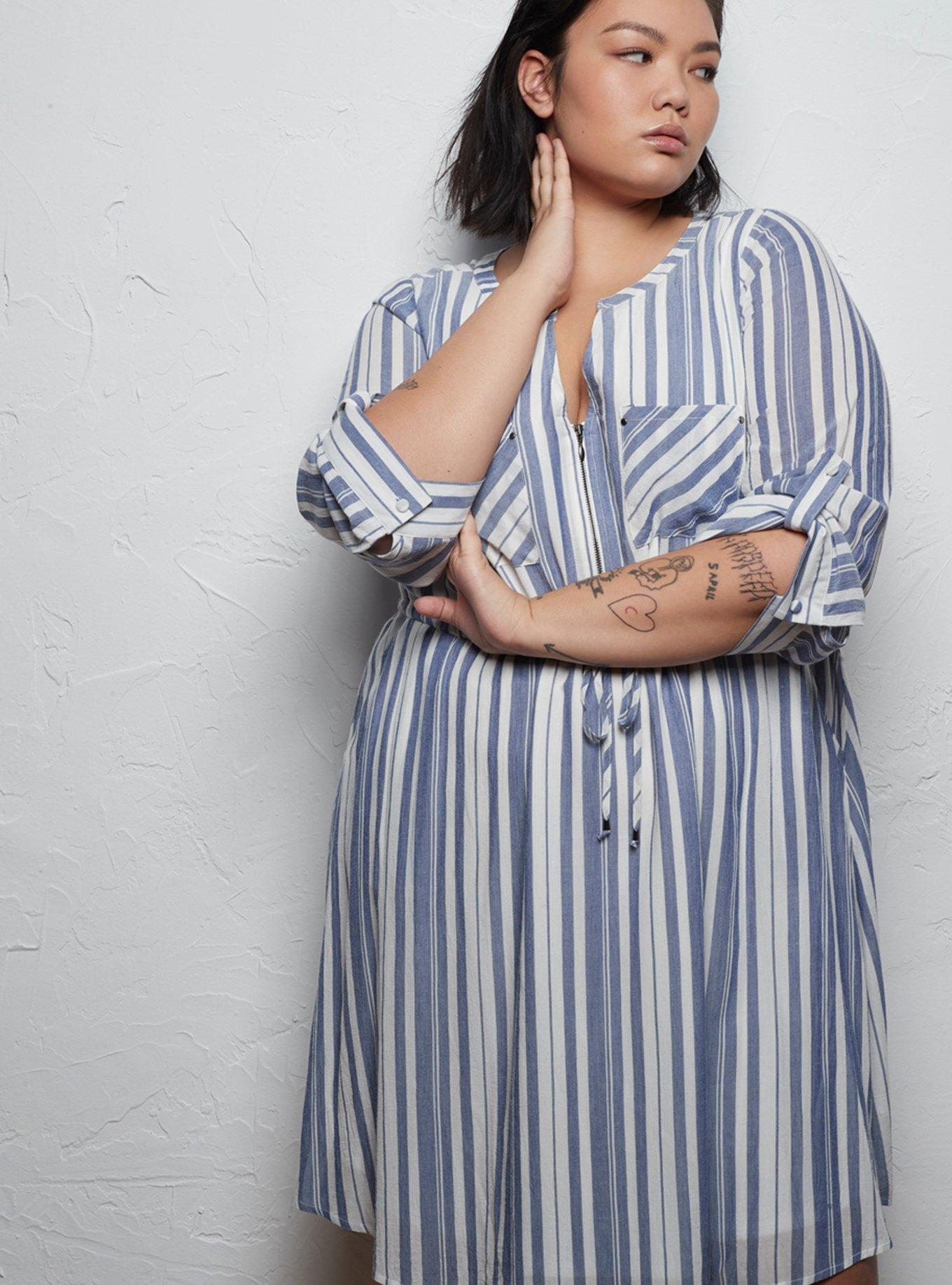 Plus Size - Blue & White Stripe Zip Front Drawstring Shirt Dress