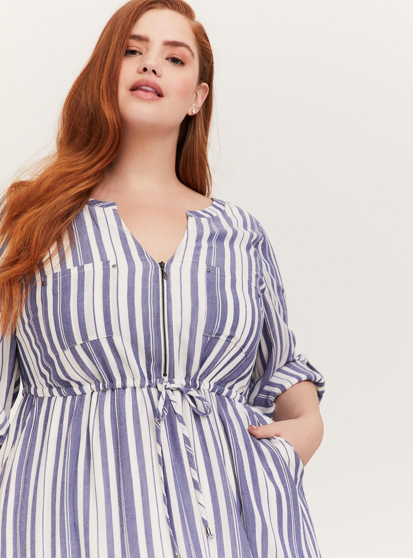 Plus Size - Blue & White Stripe Zip Front Drawstring Shirt Dress - Torrid