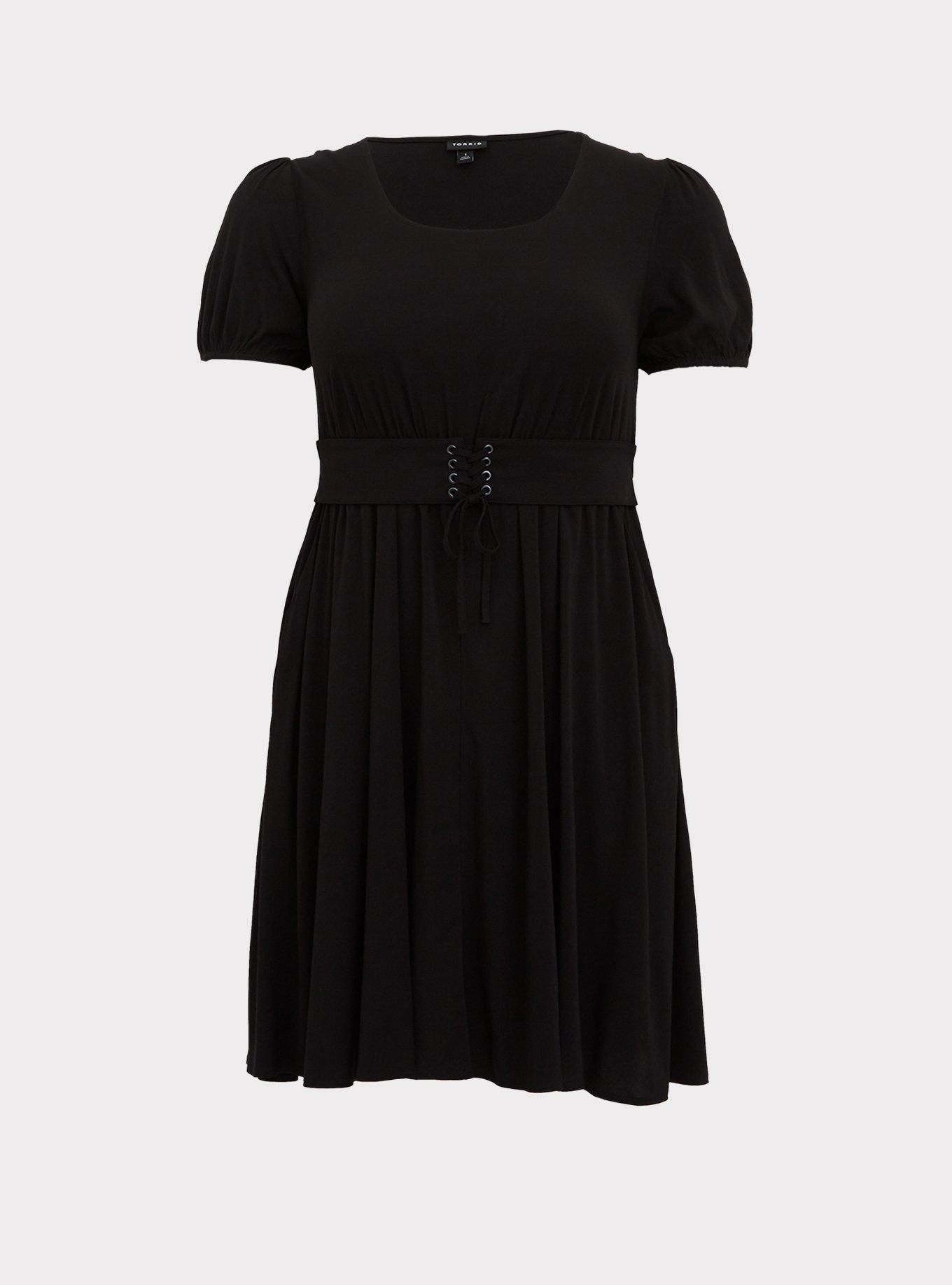 Plus Size - Black Challis Lace-Up Waist Skater Dress - Torrid