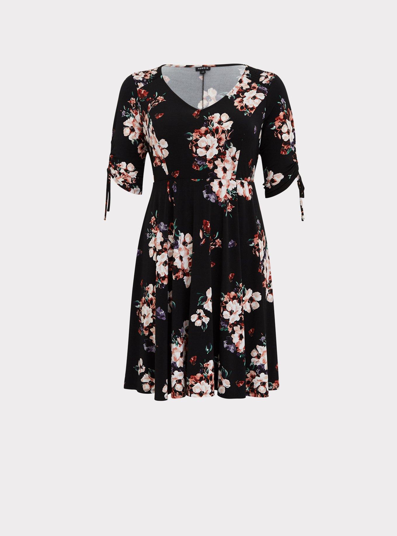 Plus Size - Black Floral Studio Knit Drawstring Sleeve Dress - Torrid