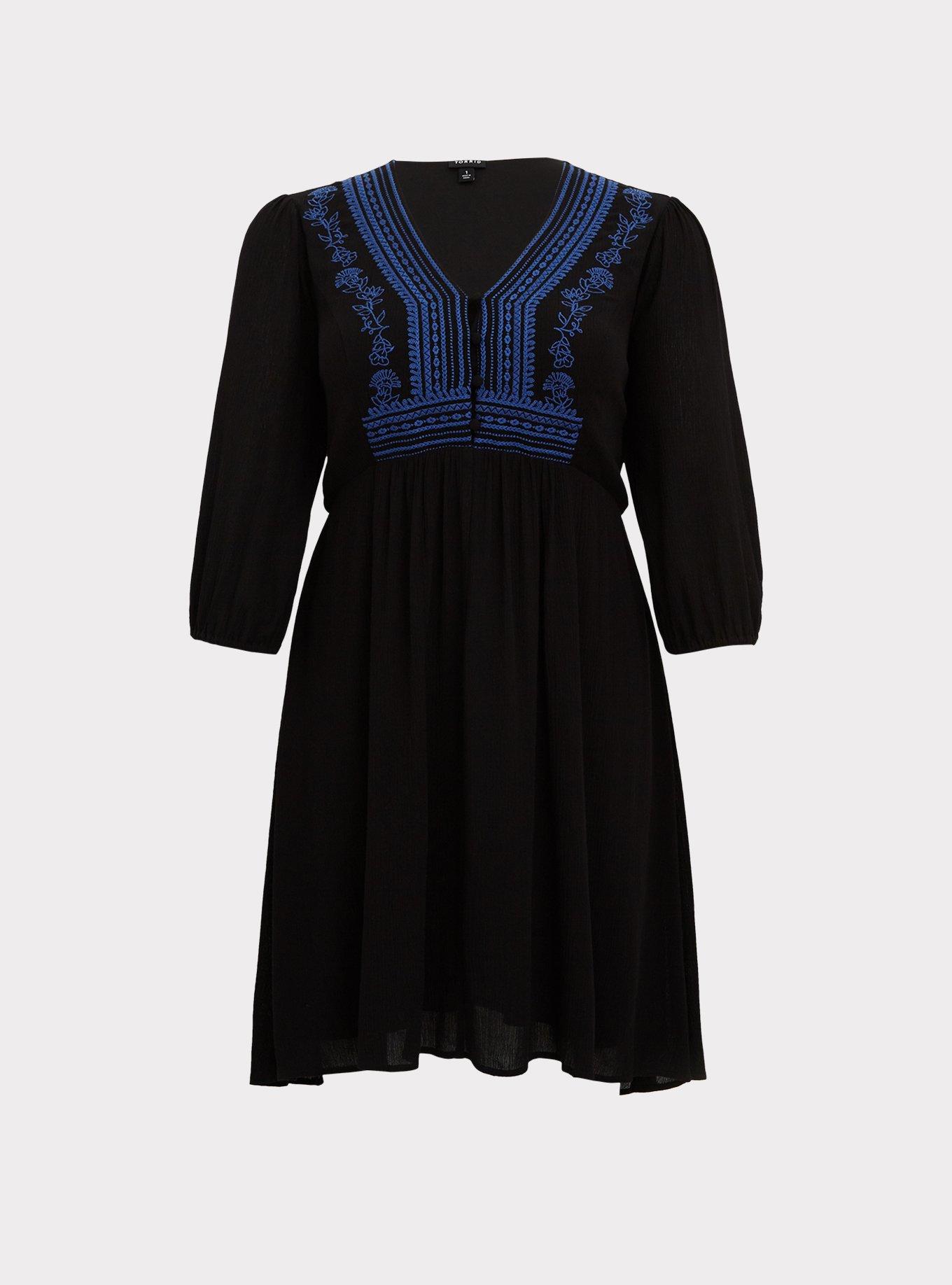 Plus Size - Black Gauze Embroidered Button Down Hi-Lo Dress - Torrid