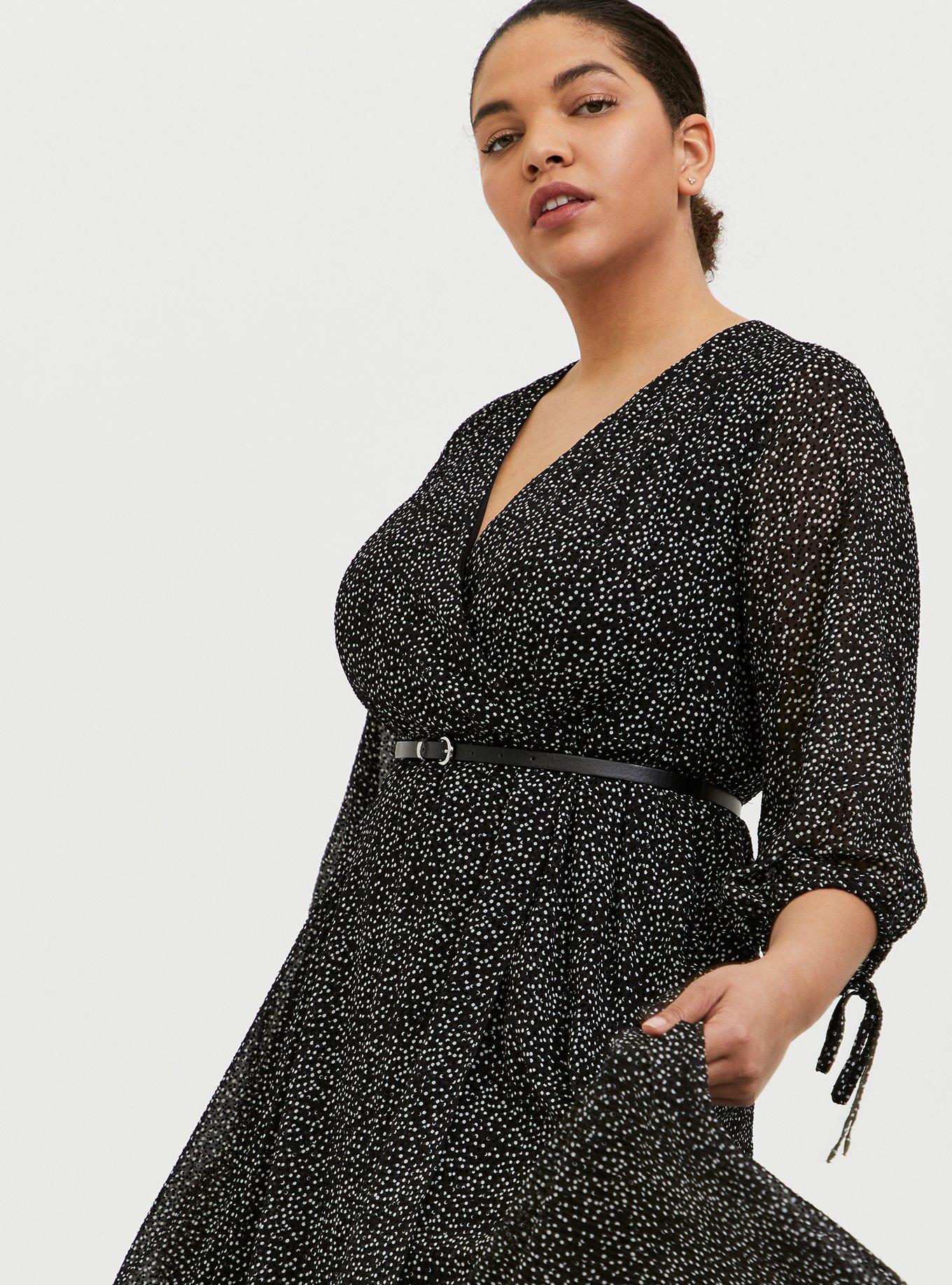Plus Size Black Polka Dot Flocked Chiffon Belted Midi Dress, BLACK DOT, alternate