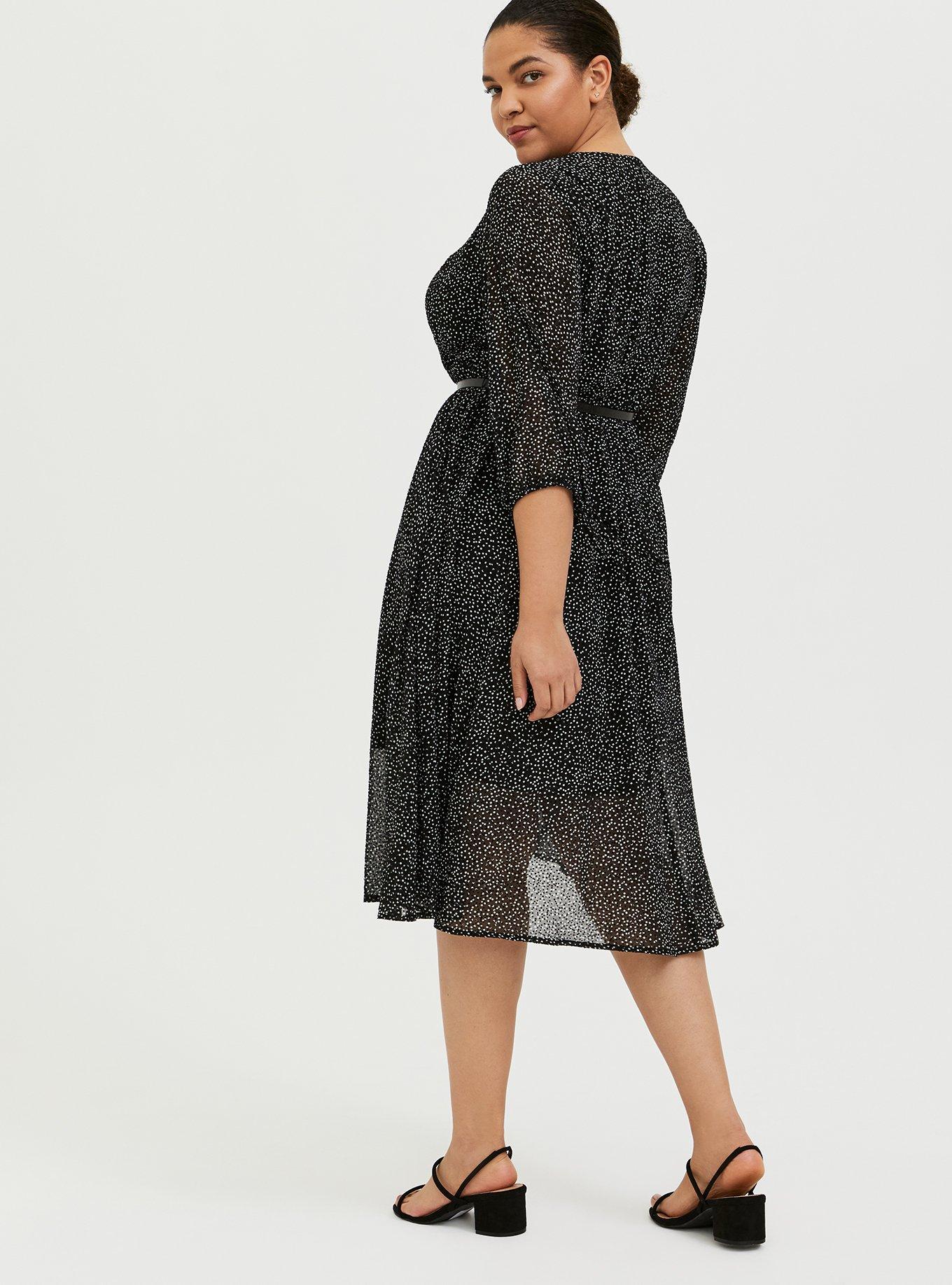 Plus Size Black Polka Dot Flocked Chiffon Belted Midi Dress, BLACK DOT, alternate