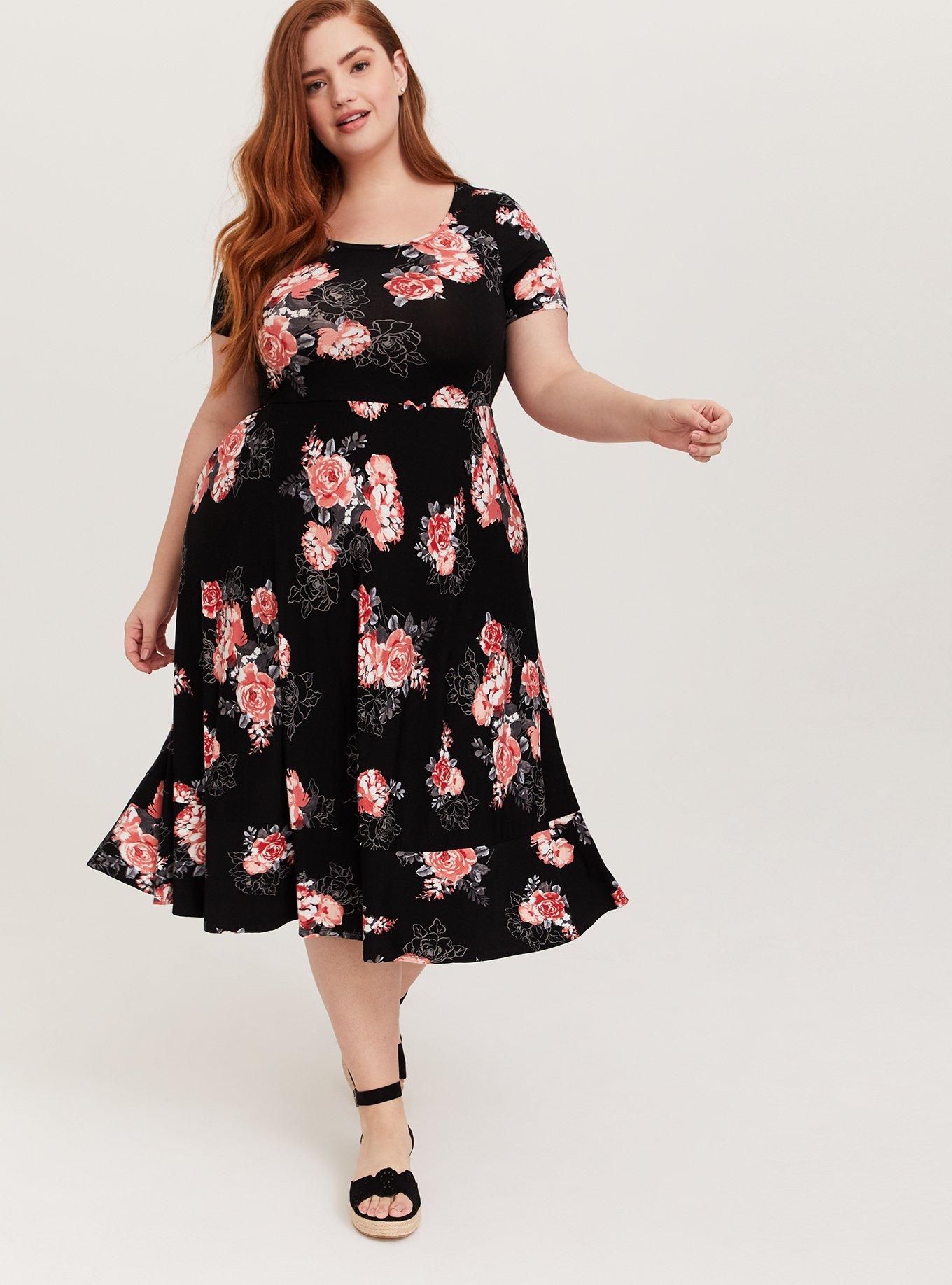 Torrid shops Super Soft Black Floral Fluted Dress 2X NWT