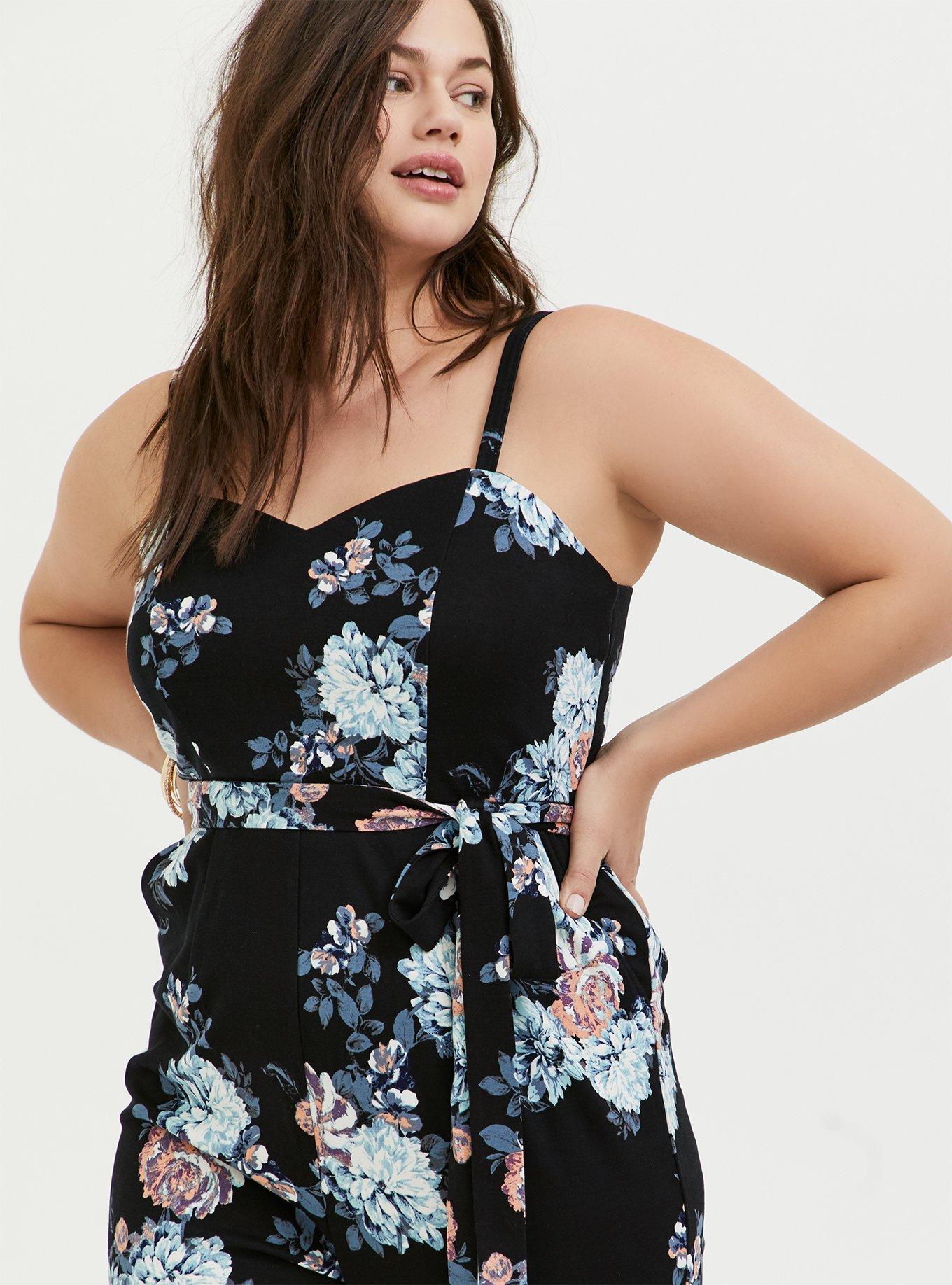 Plus Size - Black Floral Premium Ponte Self Tie Strapless Jumpsuit - Torrid