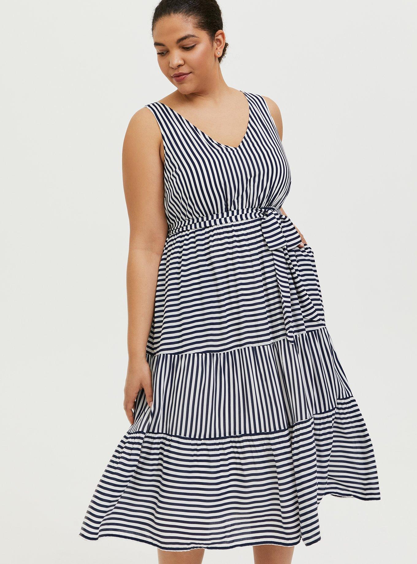Plus Size - Navy & White Stripe Challis Self Tie Tiered Midi Dress - Torrid