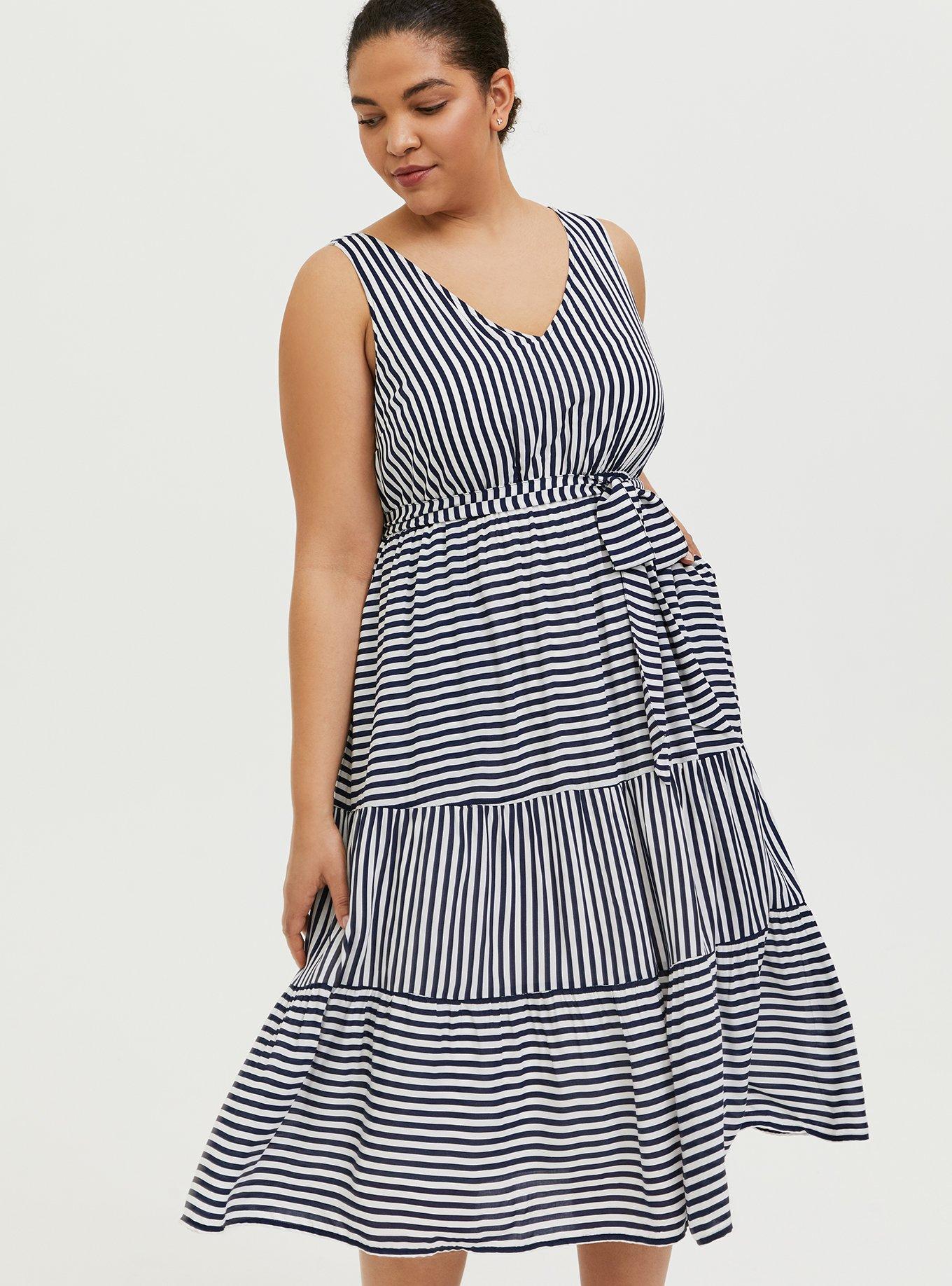 Plus Size Navy White Stripe Challis Self Tie Tiered Midi Dress Torrid
