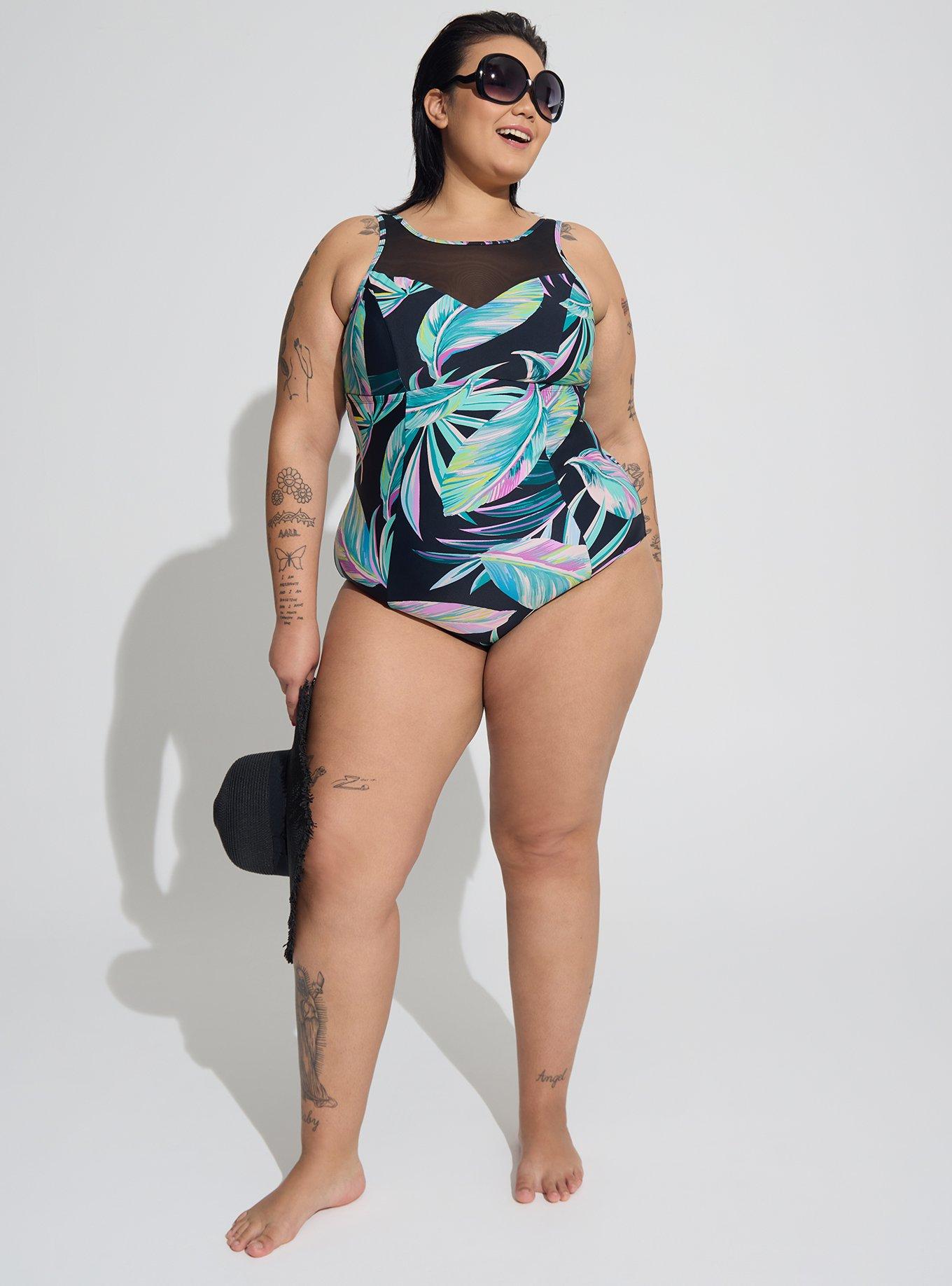 Plus Size Wireless Mesh High Neck One Piece Swimsuit Torrid