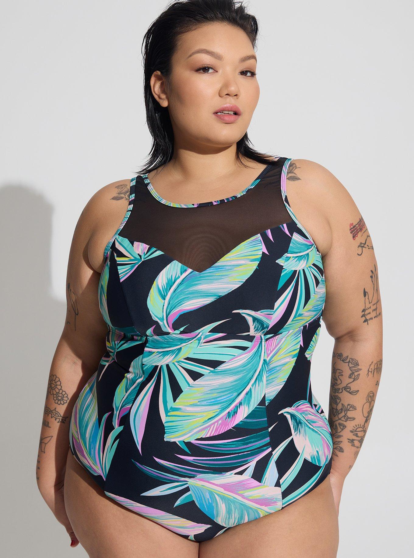 Plus Size - Wireless Mesh High Neck One Piece Swimsuit - Torrid