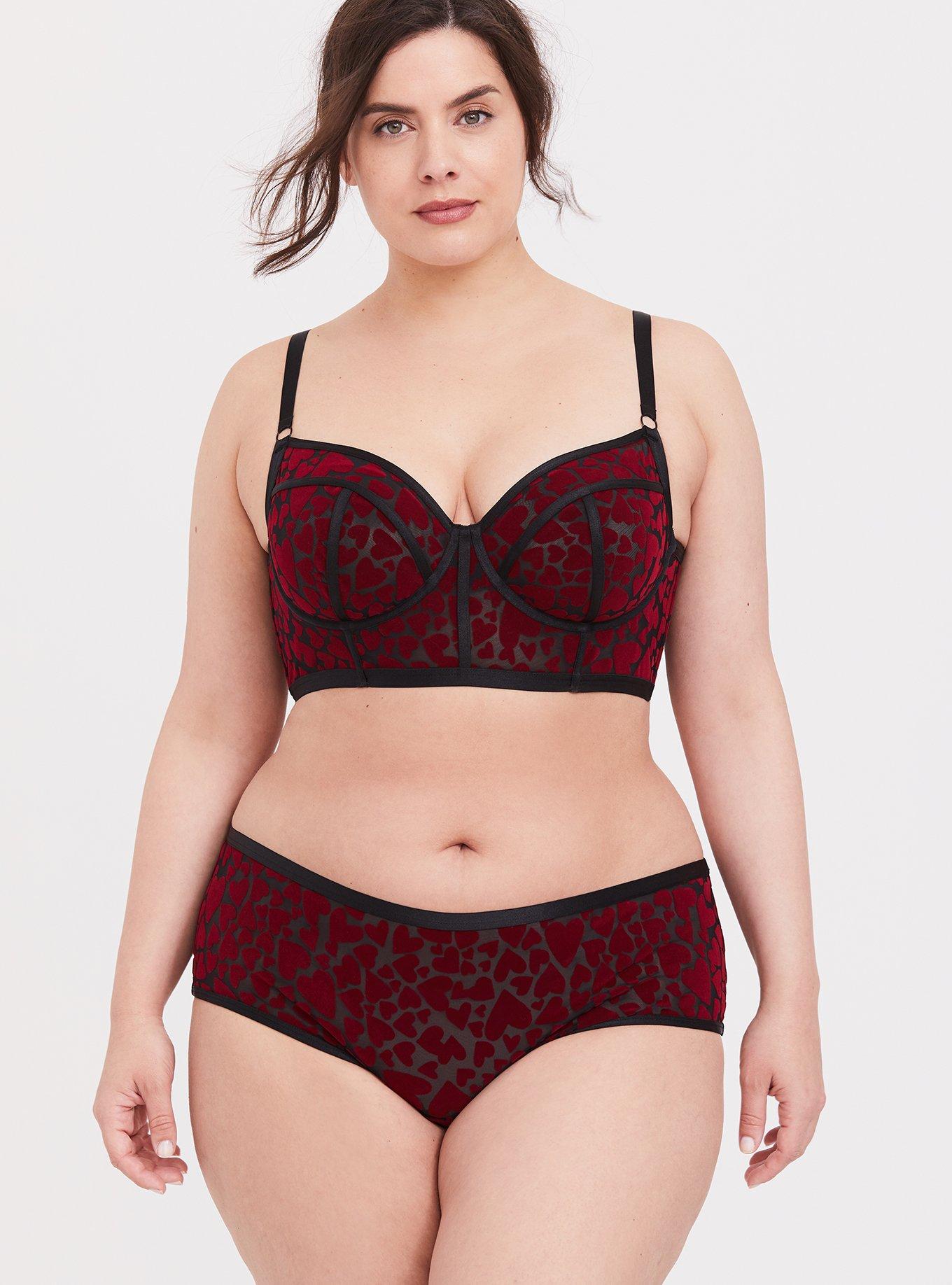 Plus Size Black Mesh & Red Heart Flocked Longline Underwire Bralette, BLACK HEART, alternate