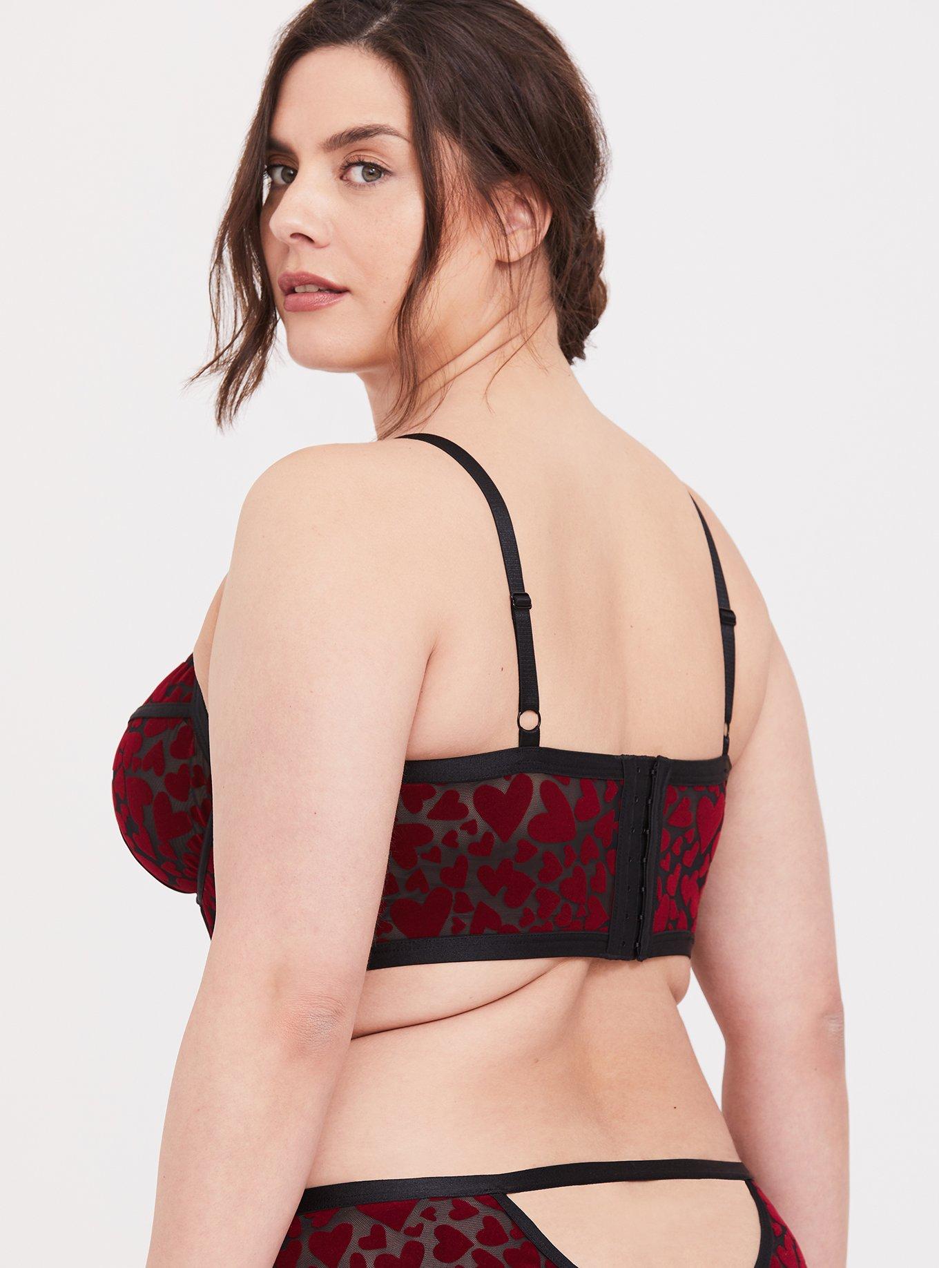 Plus Size Black Mesh & Red Heart Flocked Longline Underwire Bralette, BLACK HEART, alternate