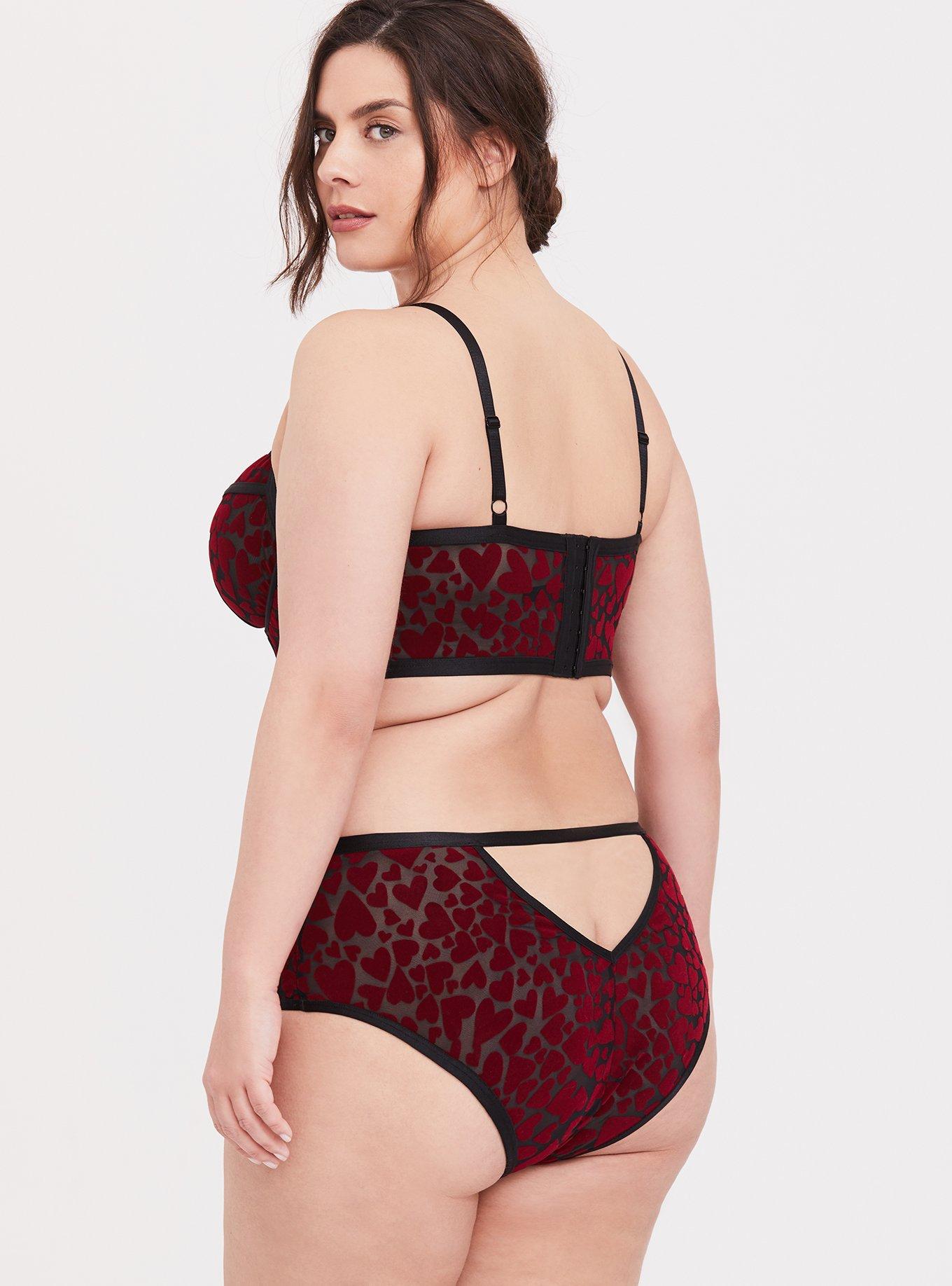 Plus Size Black Mesh & Red Heart Flocked Longline Underwire Bralette, BLACK HEART, alternate