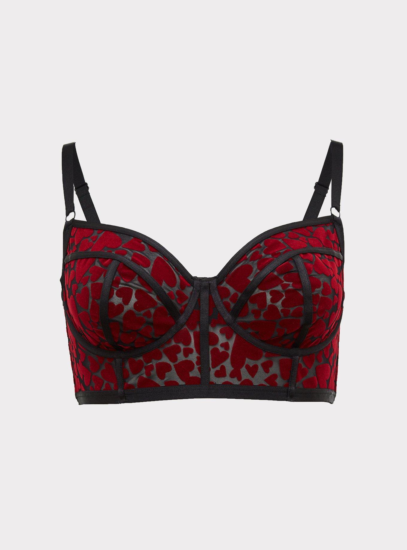 Plus Size - Black Mesh & Red Heart Flocked Longline Underwire Bralette -  Torrid