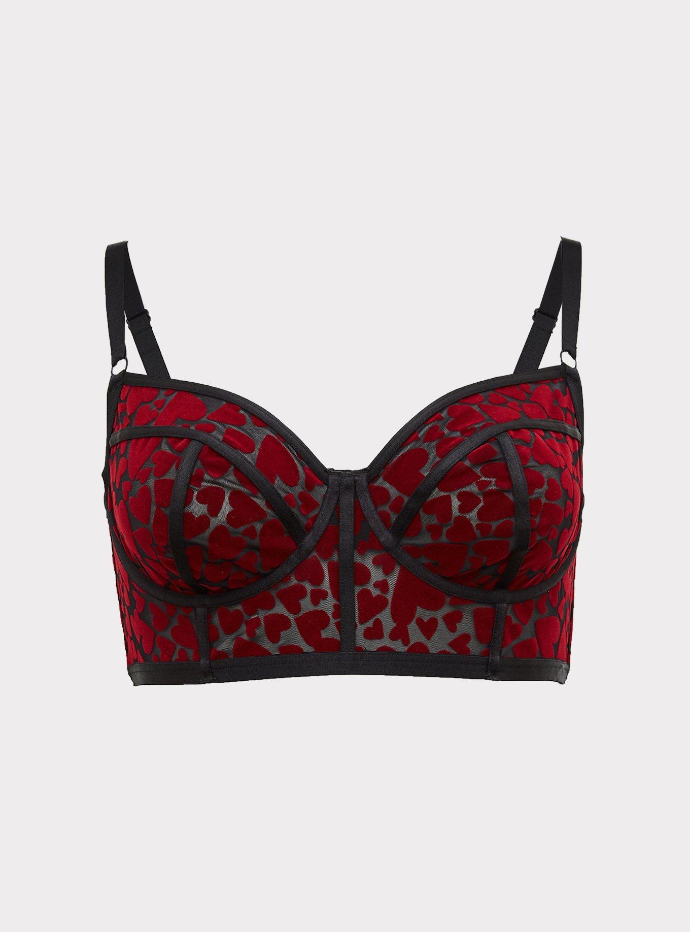 Plus Size Black Mesh & Red Heart Flocked Longline Underwire Bralette, , hi-res