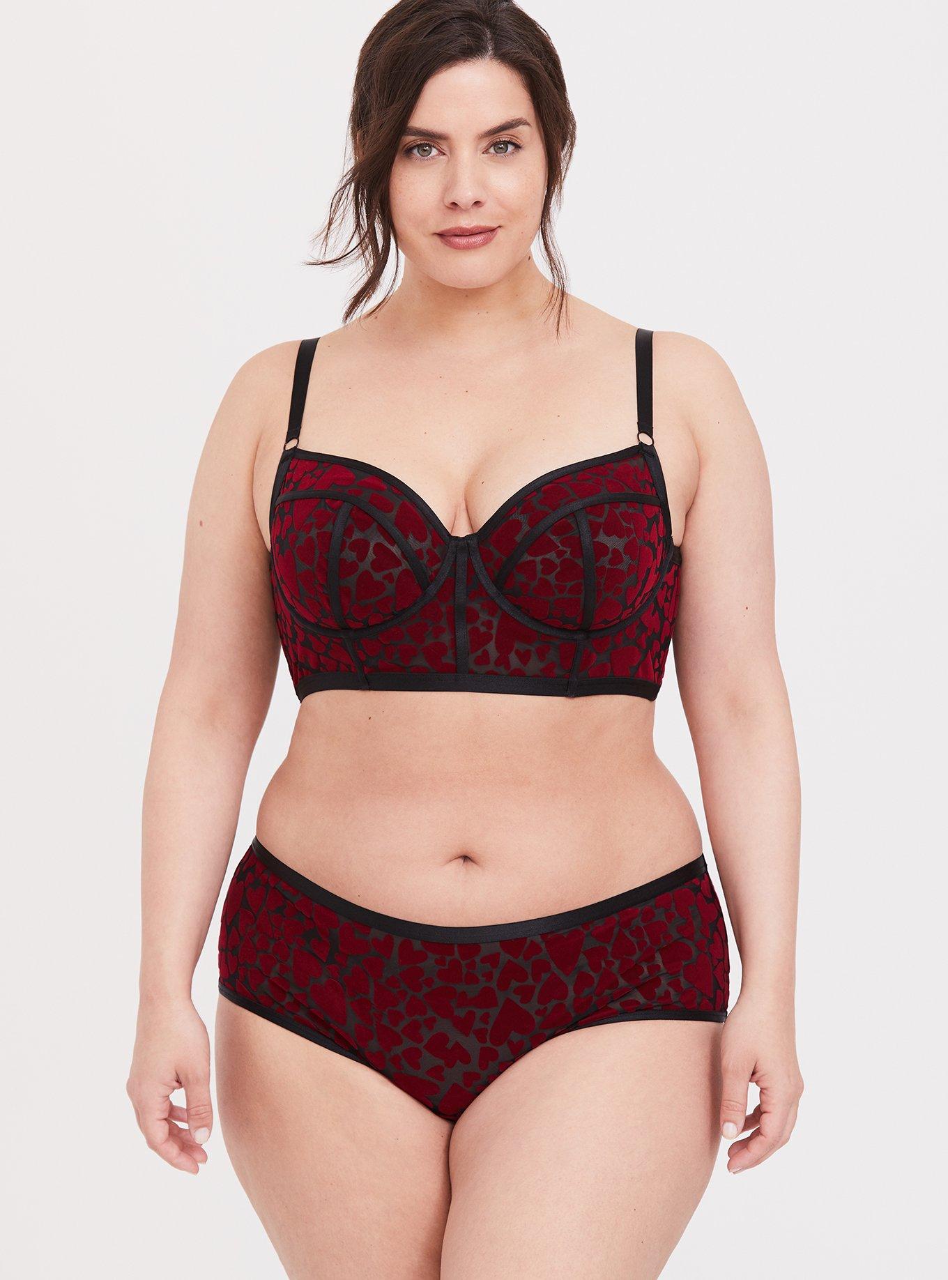 Plus Size - Black Mesh & Red Heart Flocked Cutout Cheeky Panty