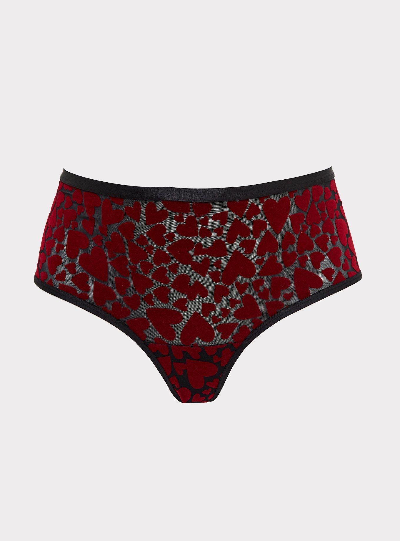 Plus Size - Black Mesh & Red Heart Flocked Cutout Cheeky Panty