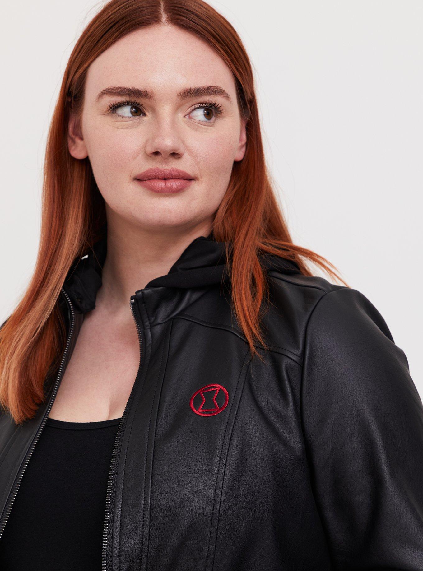 Plus Size - Her Universe Marvel Black Widow Black Faux Leather Hooded ...