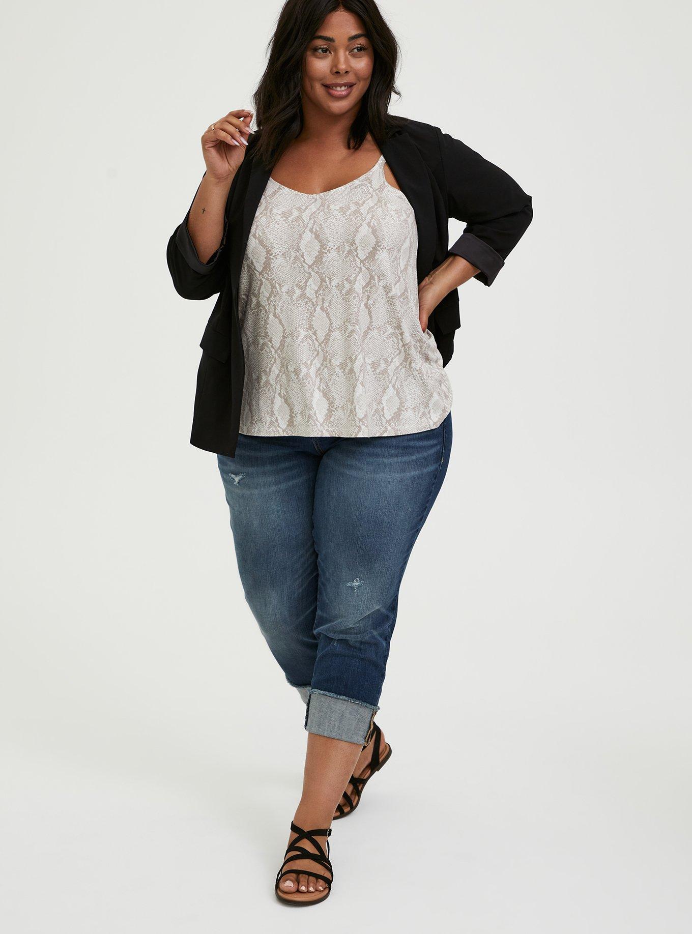 Plus Size Black Crepe Cuffed Blazer, DEEP BLACK, alternate