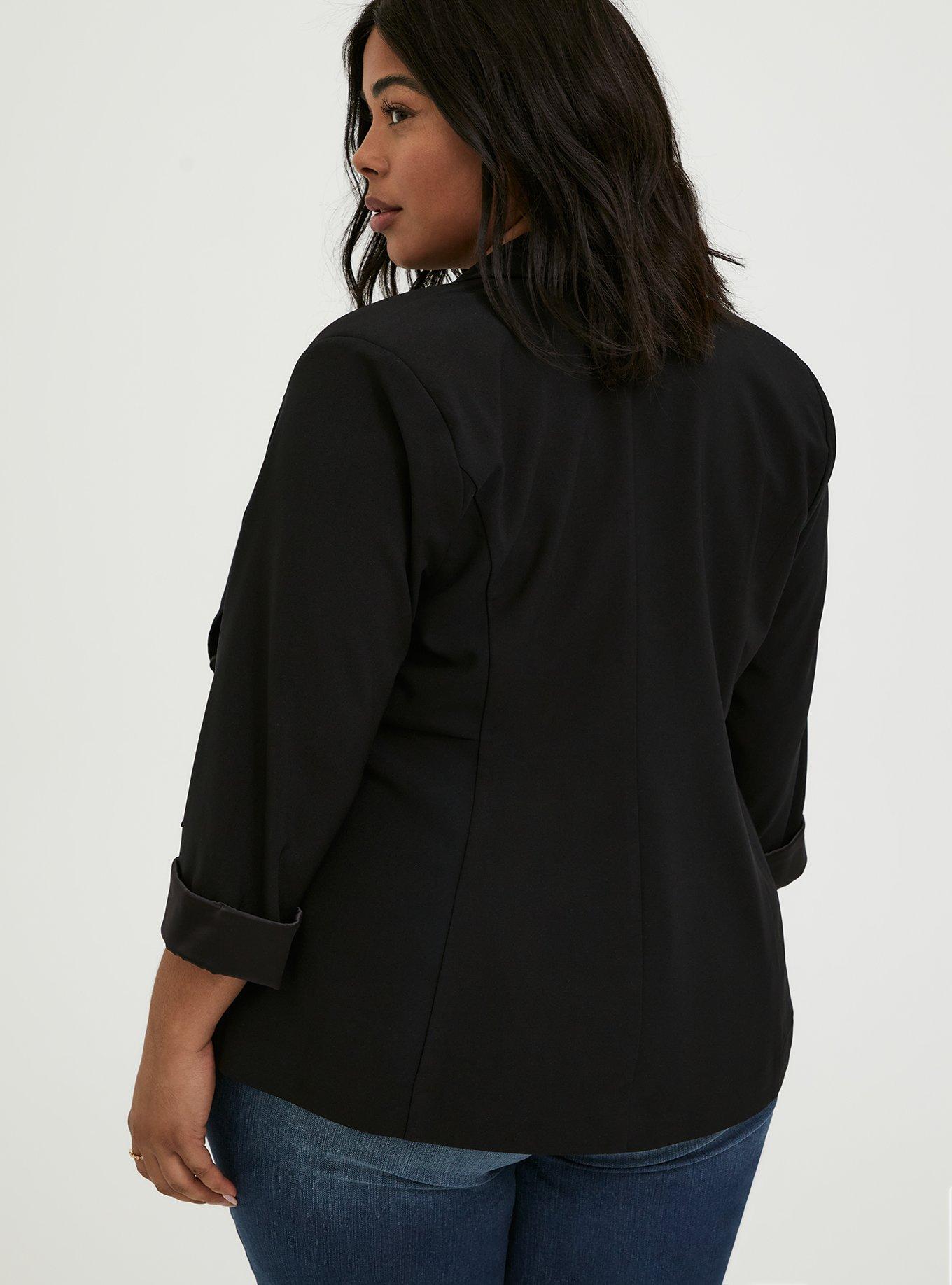 Plus Size Black Crepe Cuffed Blazer, DEEP BLACK, alternate
