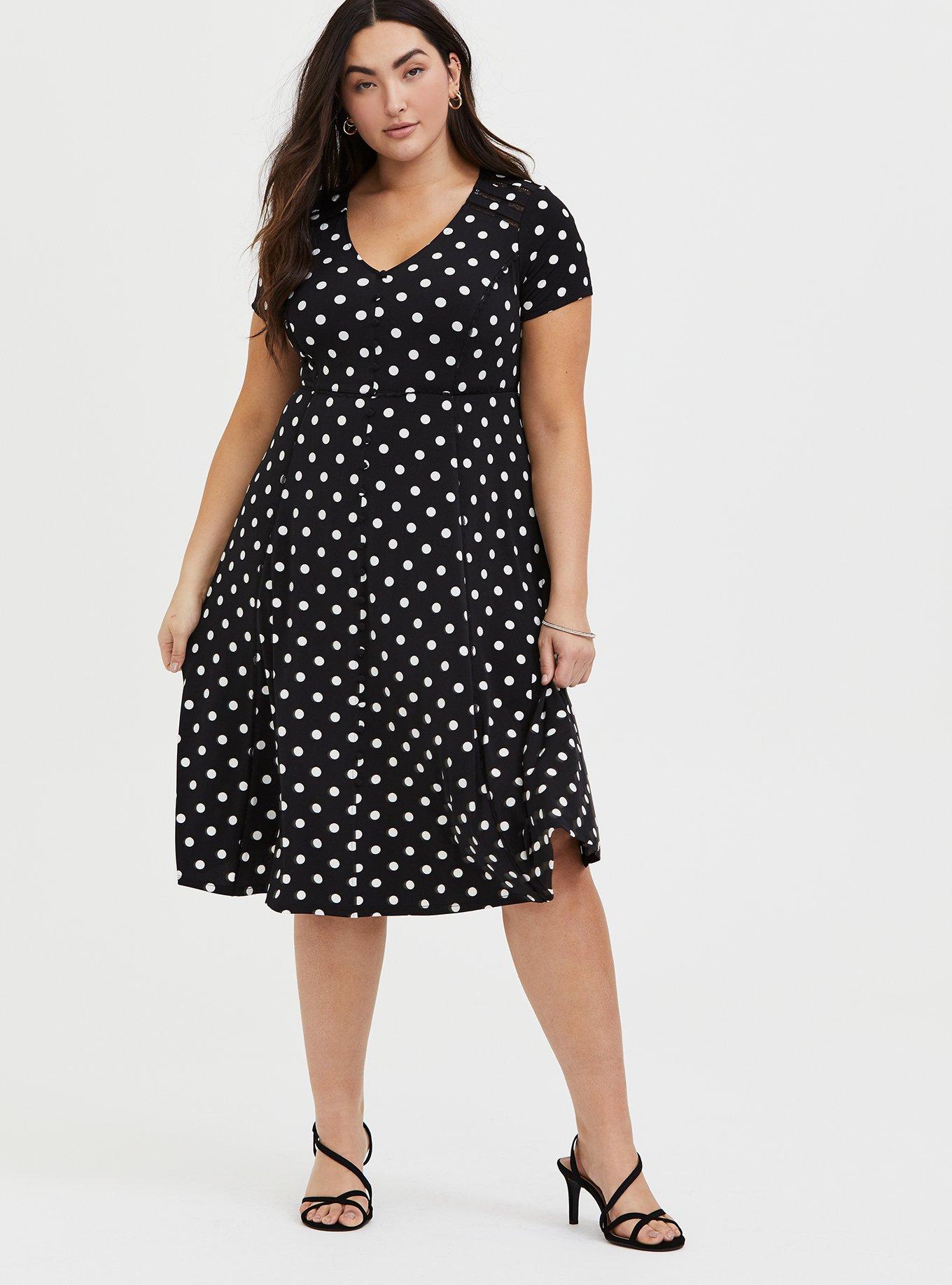 Midi Studio Knit Button-Front Skater Dress, BLACK DOT, alternate