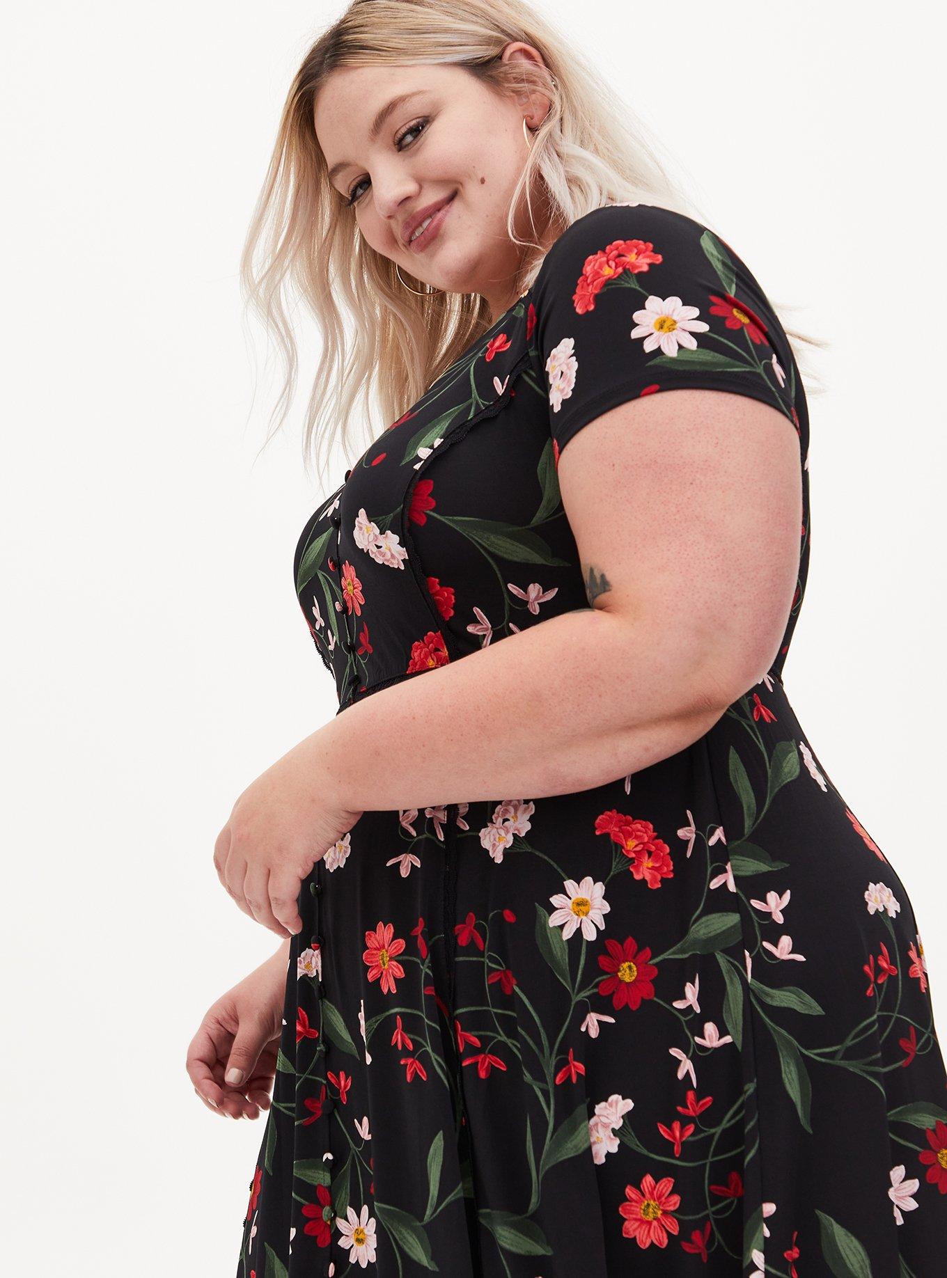 Midi Studio Knit Button-Front Skater Dress, BLACK FLOWERS, alternate
