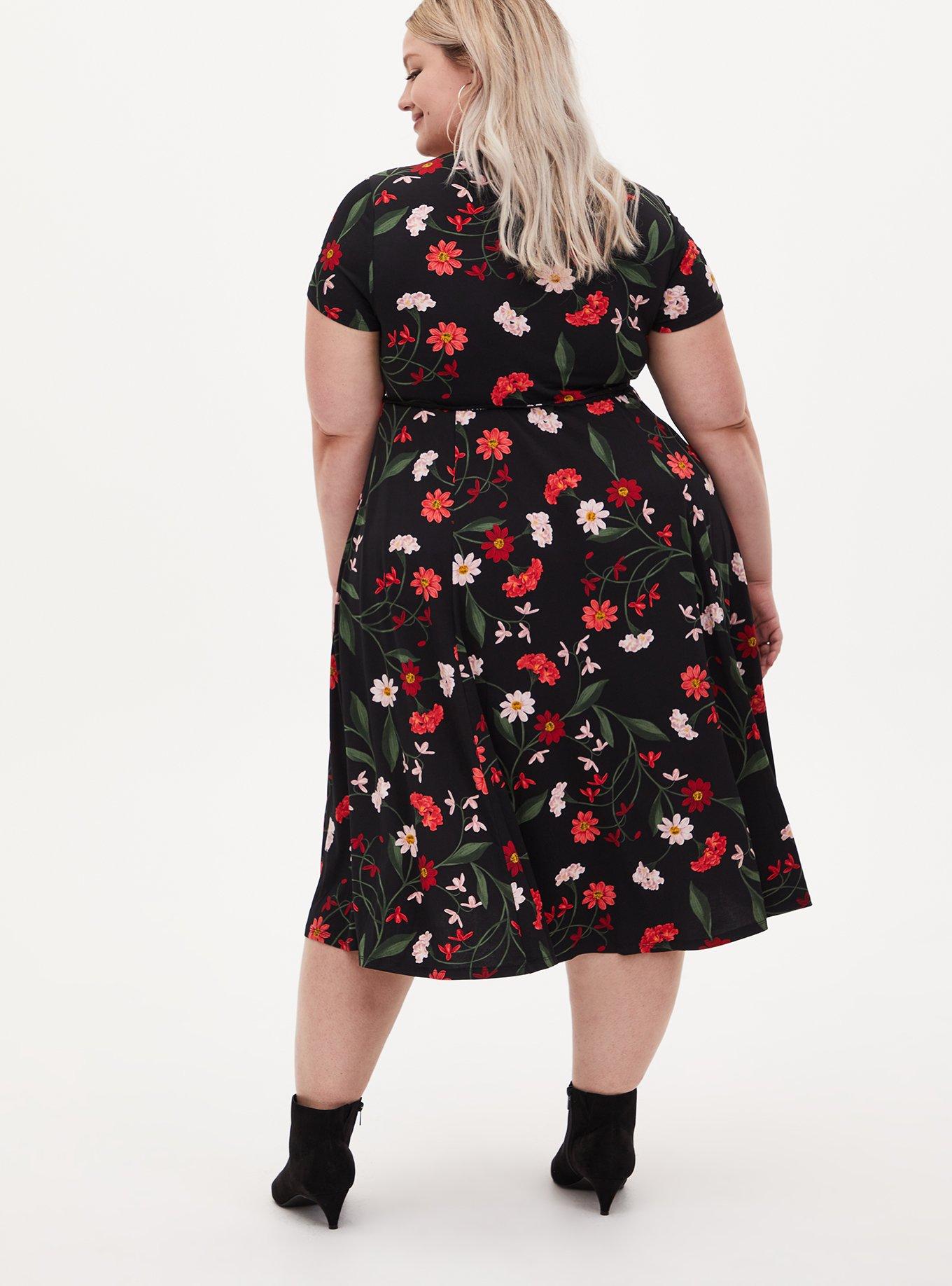 Midi Studio Knit Button-Front Skater Dress, BLACK FLOWERS, alternate
